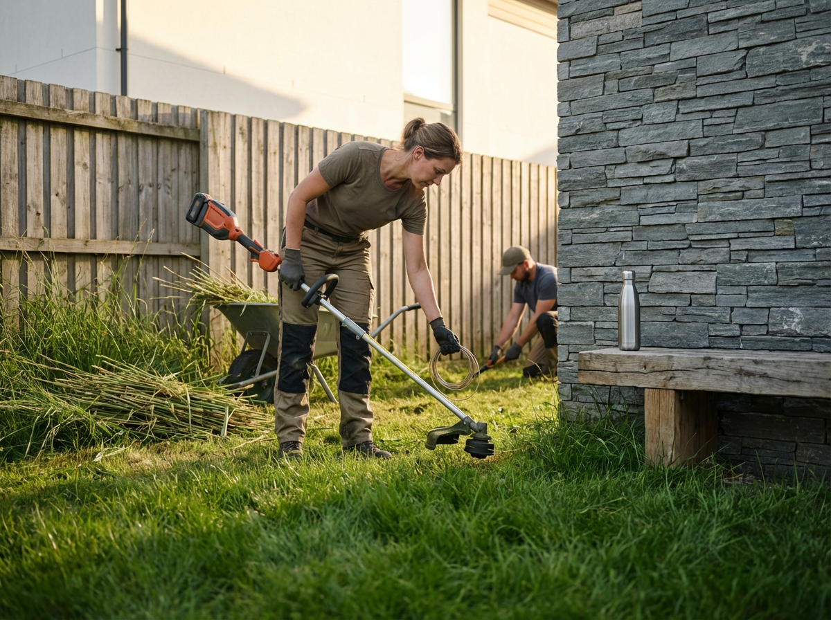 A woman using a string trimmer to cut tall grass in a backyard, with a man in the background also working on yard work. There is a wooden fence and a stone wall on the right side, with a water bottle resting on a small wooden ledge.