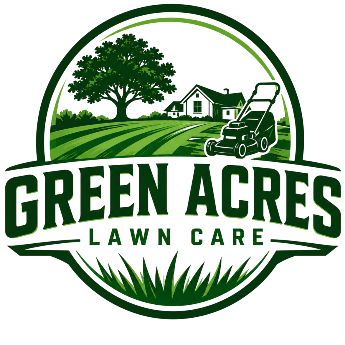 Logo for Green Acres Lawn Care featuring a large tree, a house, a lawn mower, and grass with the text "GREEN ACRES LAWN CARE".