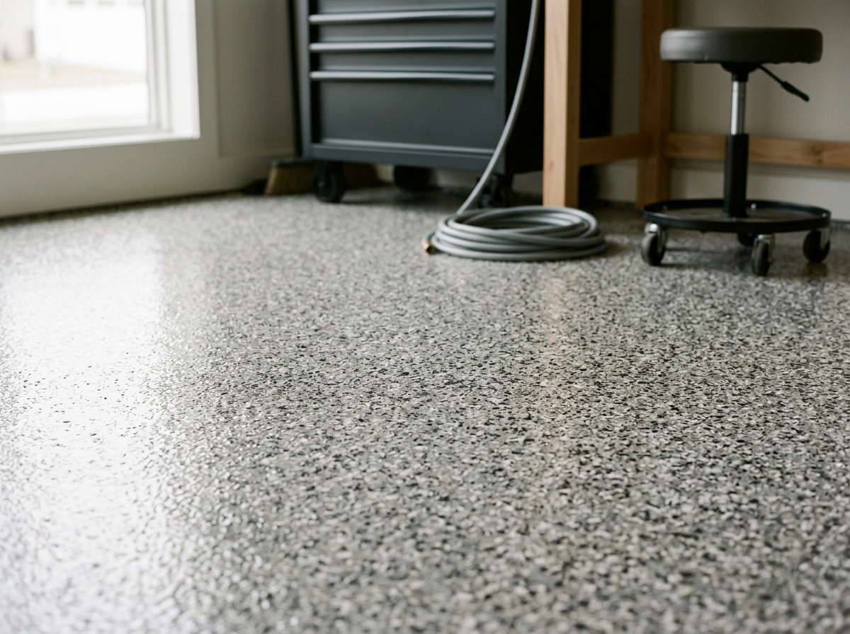 Close-up of a speckled gray epoxy floor in a workshop or garage, with a black rolling stool, a coiled cable, and a partly visible black tool cabinet.
