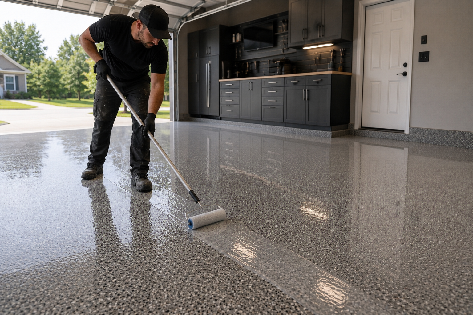 A man using a paint roller to apply a clear coat on a polished concrete garage floor. The garage has dark cabinets and a white door. Open garage door shows a sunny suburban neighborhood.