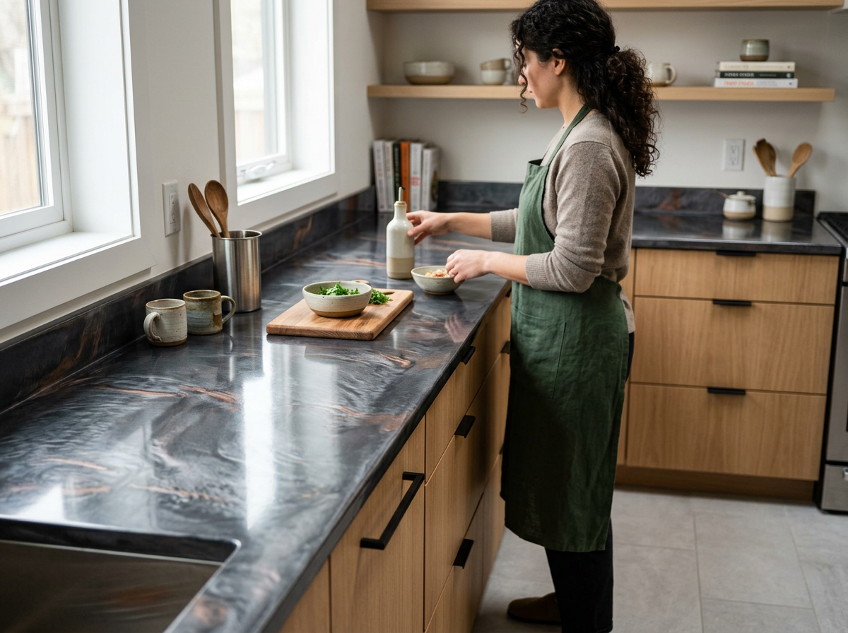 A woman in a green apron preparing food in a modern kitchen with black marble countertops, wooden cabinets, open shelves with bowls and cookbooks, and sunlight coming through windows.