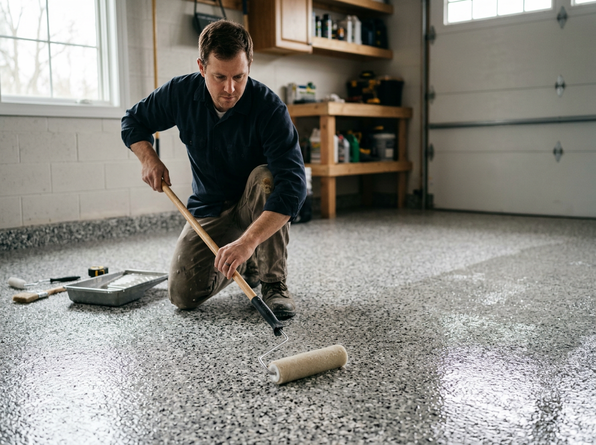 Man using a paint roller to seal a concrete garage floor.