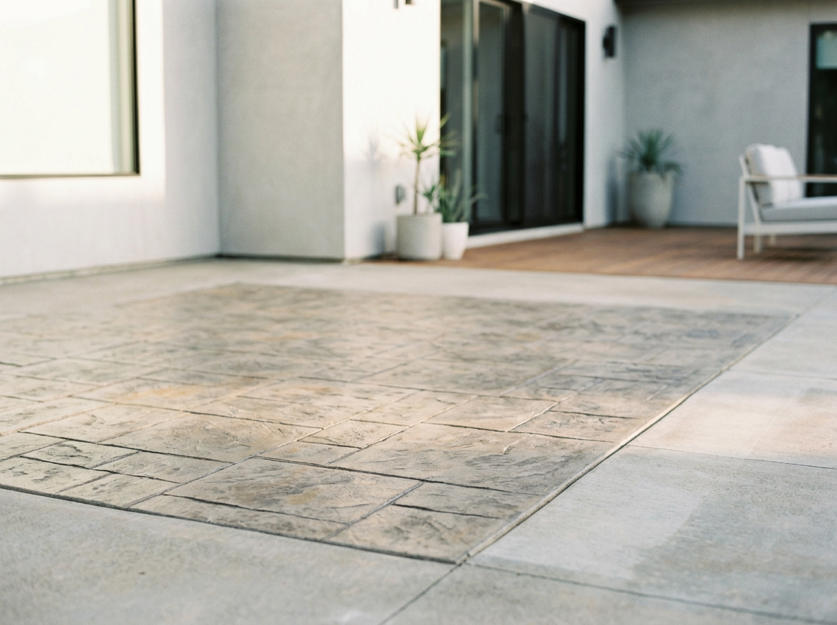 Close-up of a stone-tiled patio area in front of a modern house with a sliding glass door, potted plants, and outdoor seating.