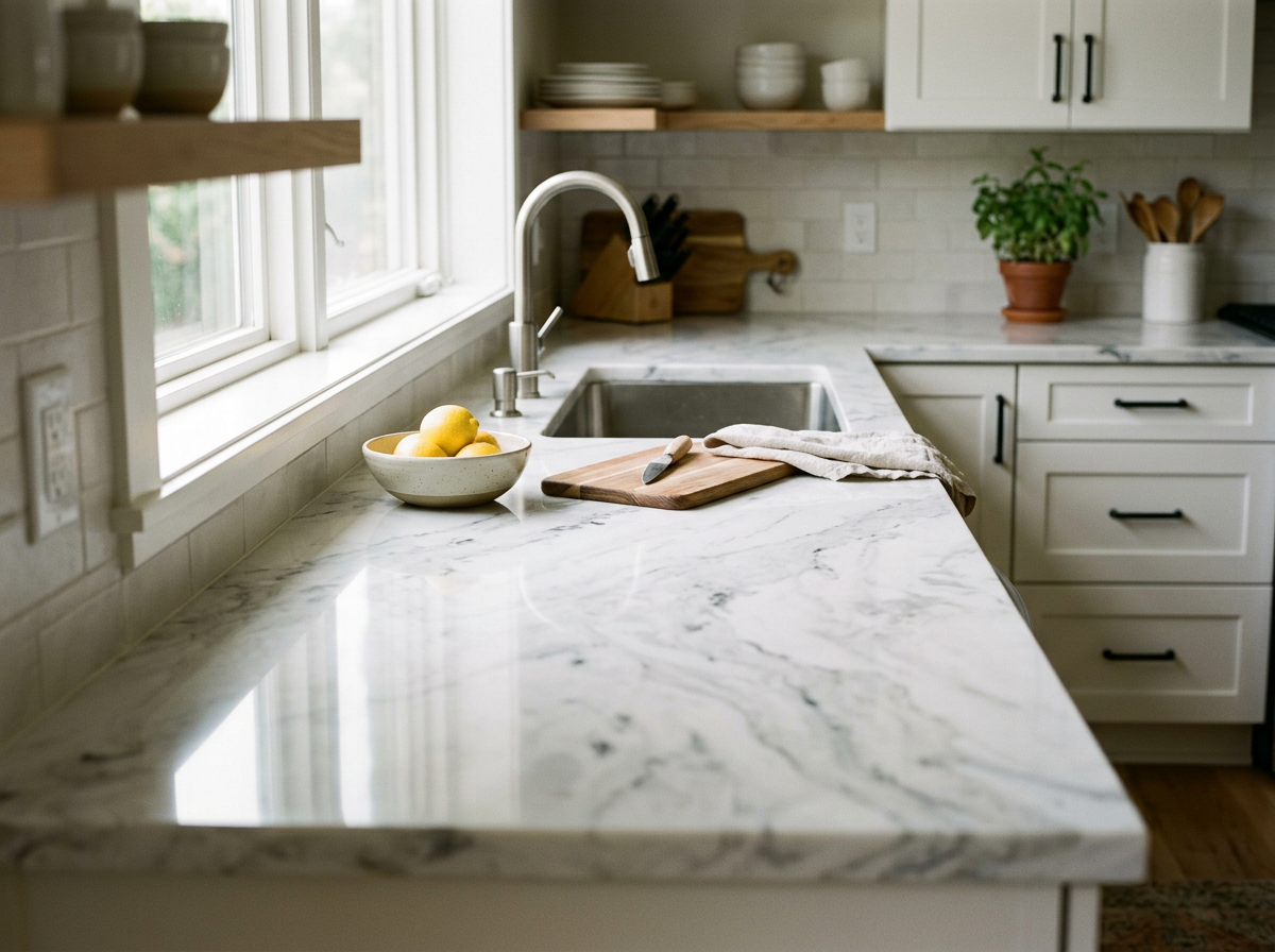 Kitchen with marble countertops, a bowl of lemons, a cutting board with a knife, a kitchen towel, a sink, a drip faucet, white cabinets, natural light, and some green plants.
