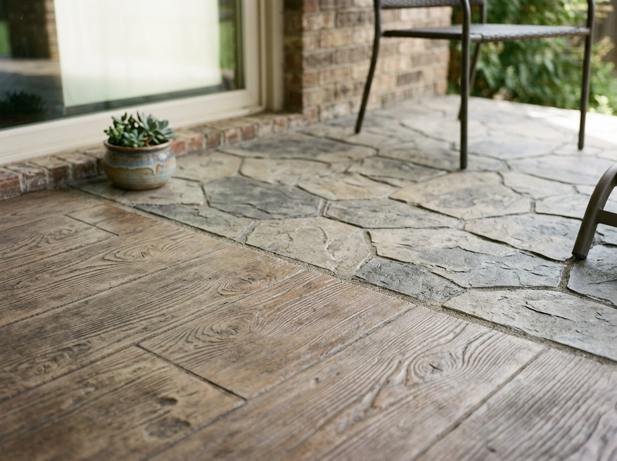 Close-up of a porch with wooden and stone flooring, a sliding glass door, a small potted plant, and metal furniture.