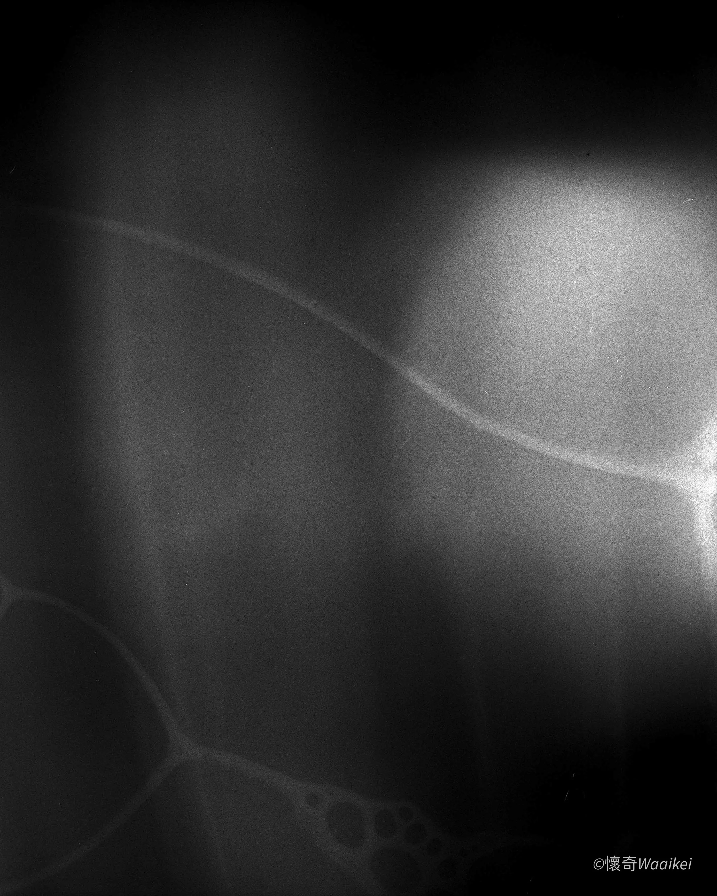 A black and white photograph showing a smooth, curved surface with a bright light source creating a gradient of light and shadow. The surface appears to have a glossy, reflective quality with some small, scattered specks of light or dust visible. 
