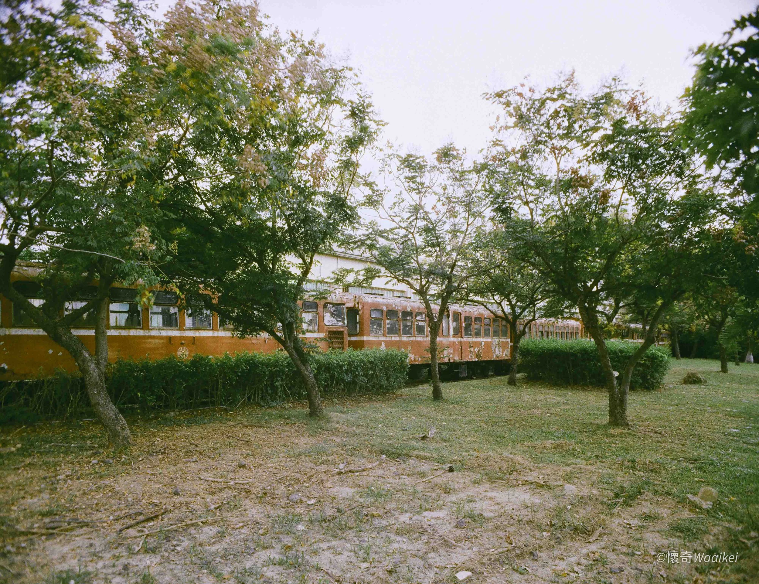 Tree-lined area with a vintage train car visible behind the trees, under a cloudy sky.
