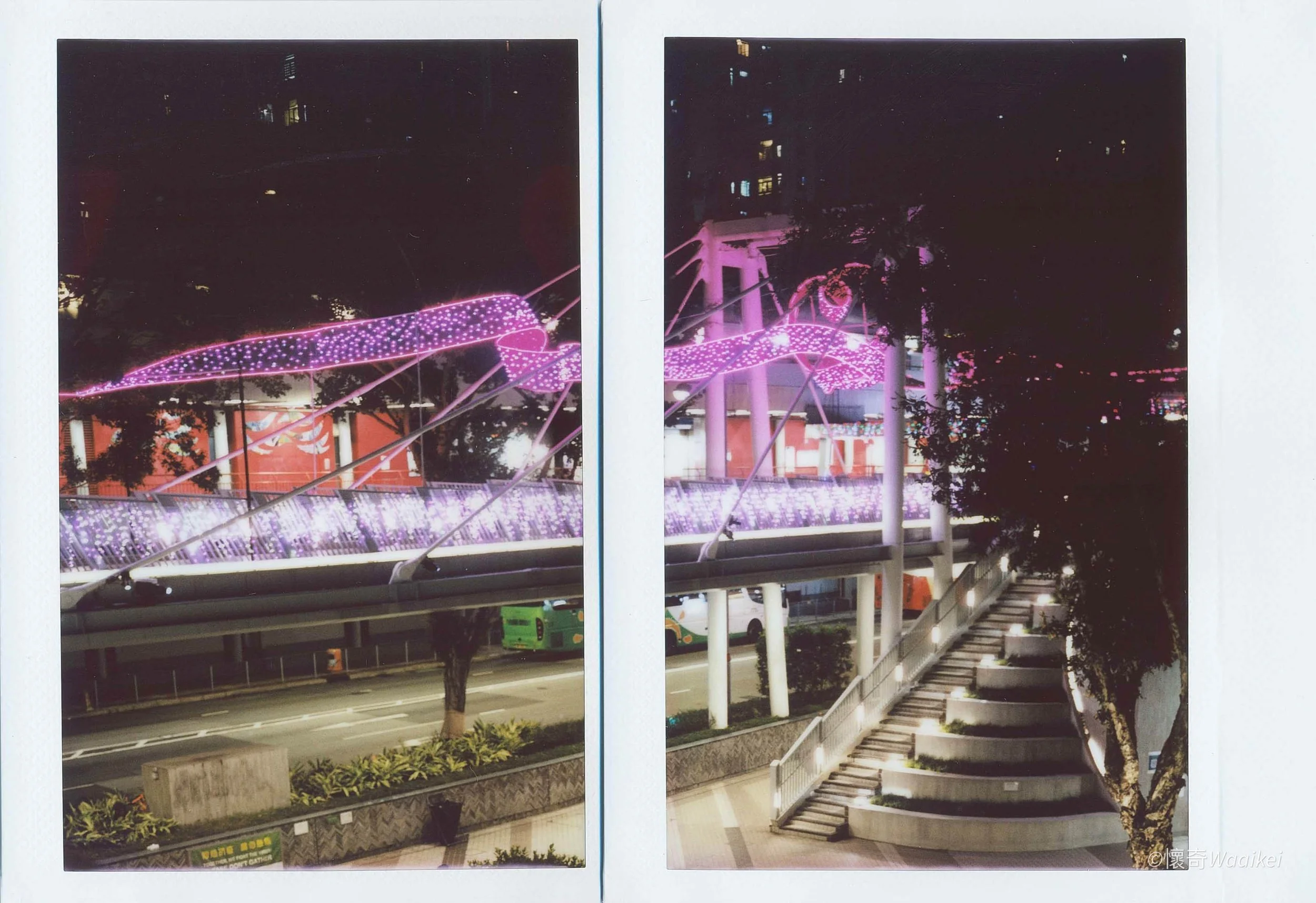 Two photographs of a night scene featuring a pink, illuminated sculpture of a whale with a small boat on its back, located above a walkway. The scene also includes trees, a parking lot with vehicles, and buildings in the background.