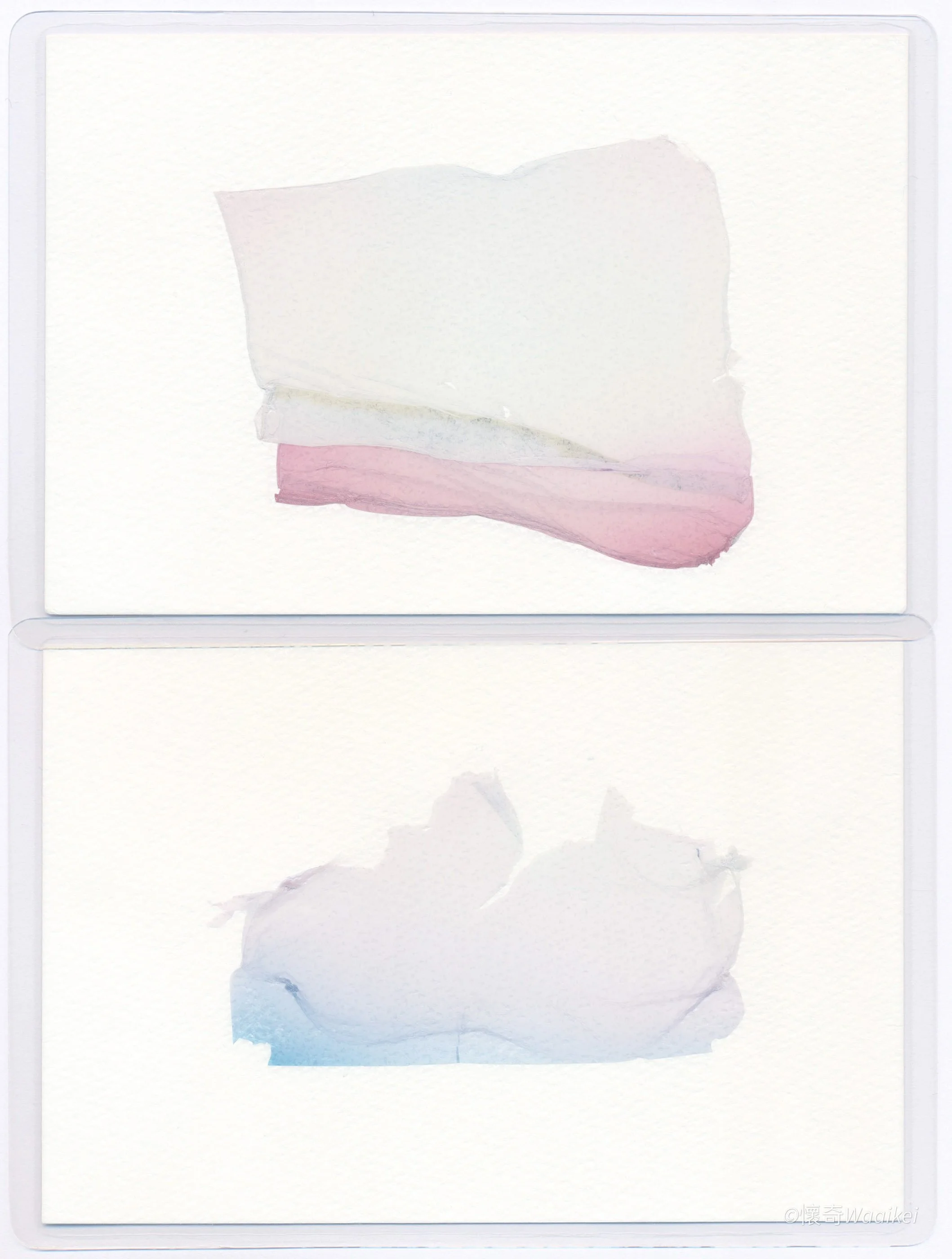 An abstract watercolor painting with a light pastel color palette. The painting features a broad horizontal streak with a gradient from white to pink and blue at the bottom, blending softly into the white background.