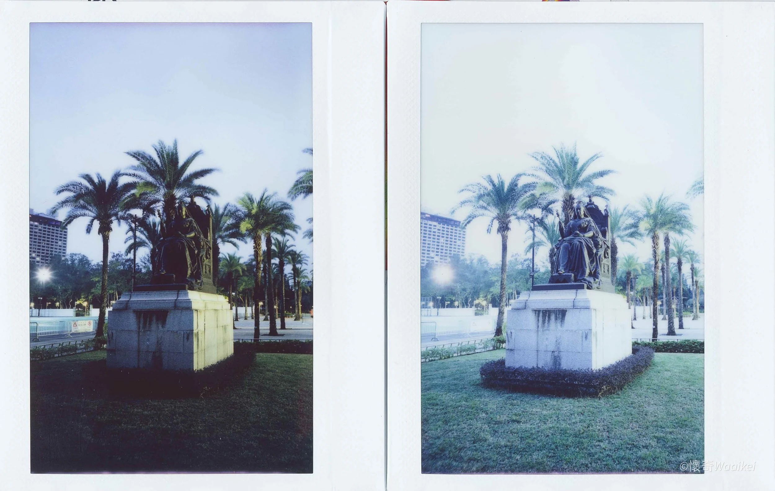 A side-by-side comparison of two photographs of a park scene featuring a sculpture of a seated woman and a backdrop of palm trees and buildings, taken from different exposure settings.