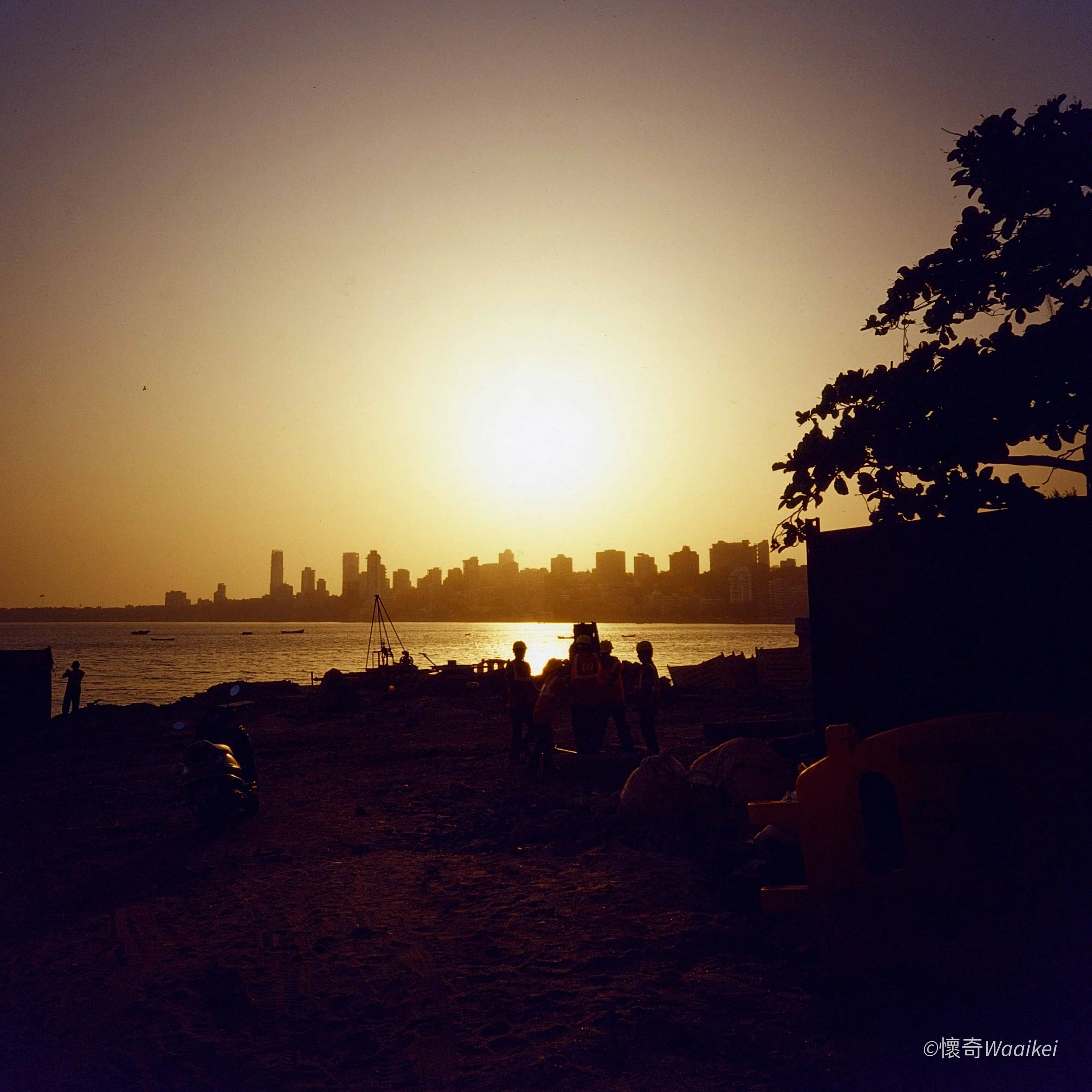 Sunset over a city skyline with silhouettes of trees and people along a waterfront.
