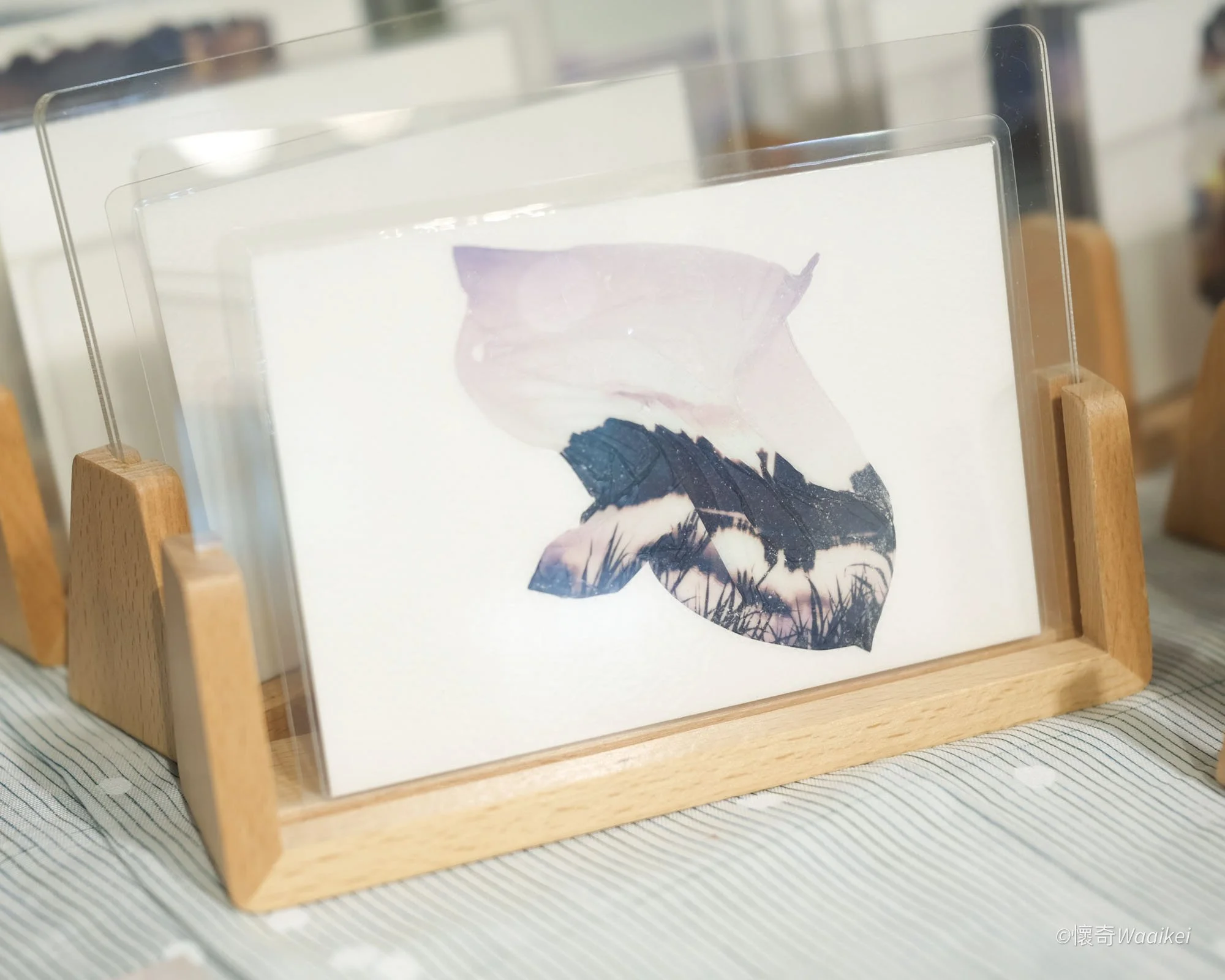 A framed artwork of a colorful bird resting on a branch, displayed on a wooden stand.