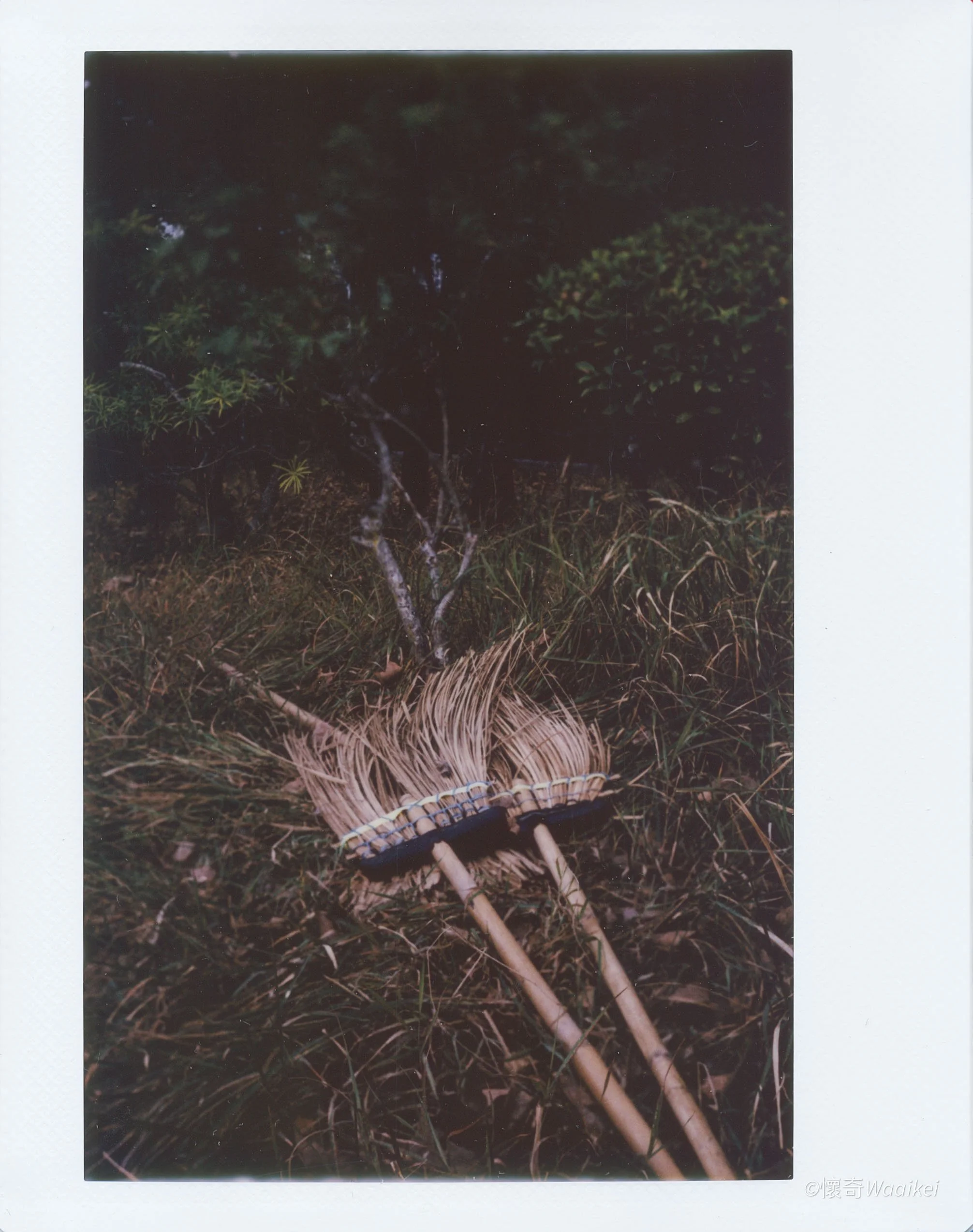 View of a traditional Japanese bamboo and straw grass basket in a natural outdoor setting.