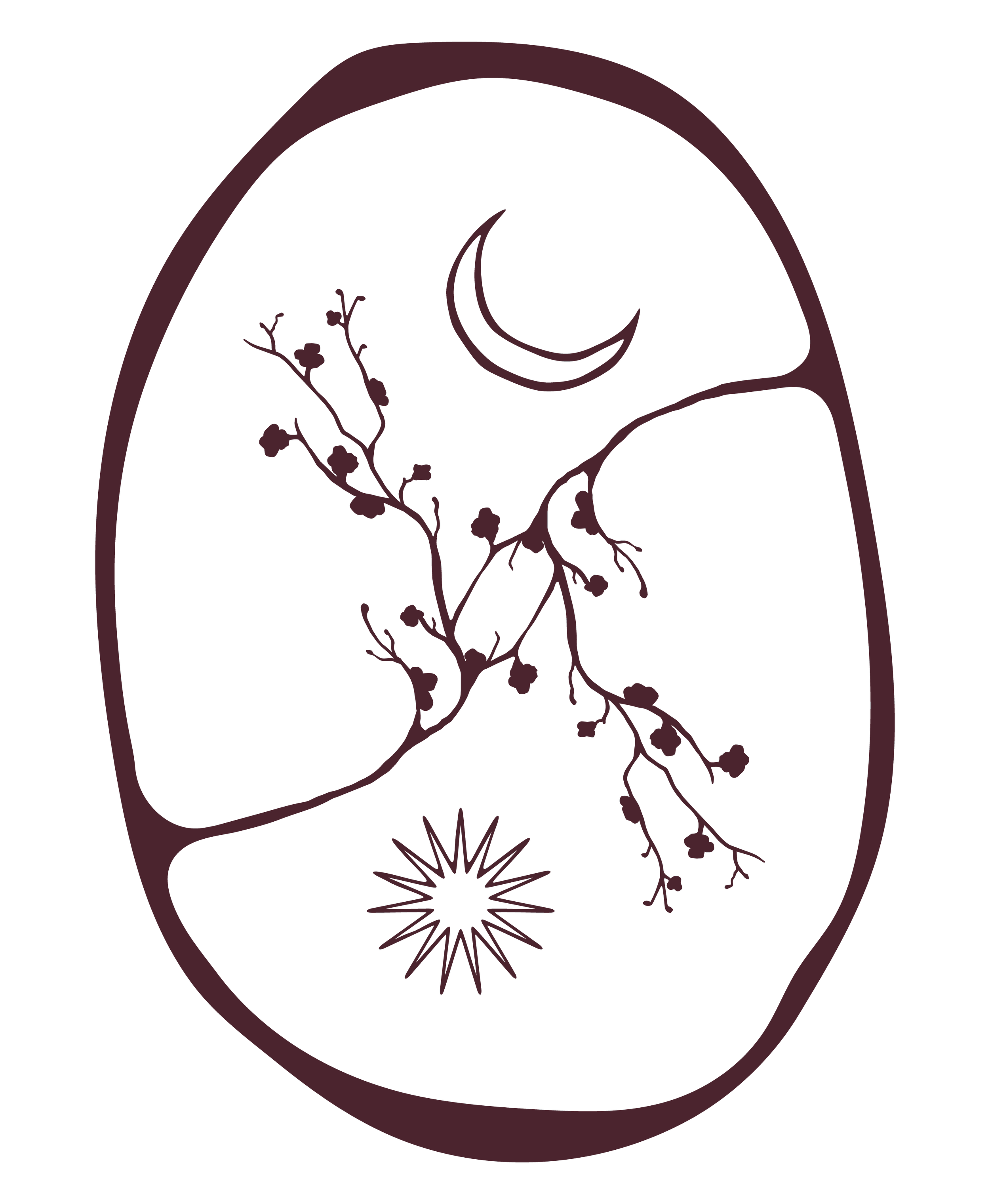 Stylized dark purple tree with branching roots inside a large oval, moon above and starburst below on black background.