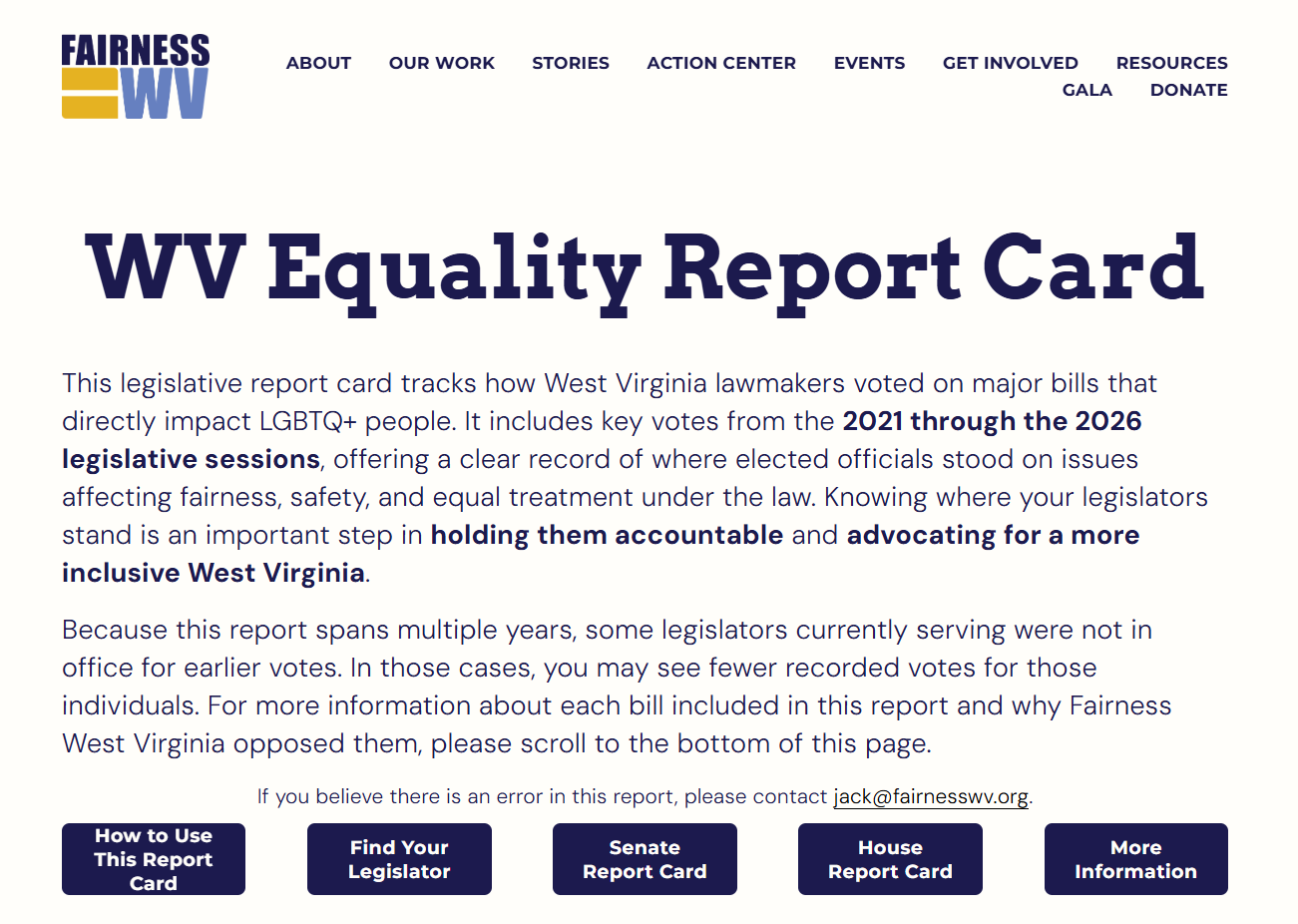 Screenshot of WV Equality Report Card webpage with title and navigation menu, describing how West Virginia lawmakers voted on bills affecting LGBTQ+ people from 2021 to 2026 legislative sessions.