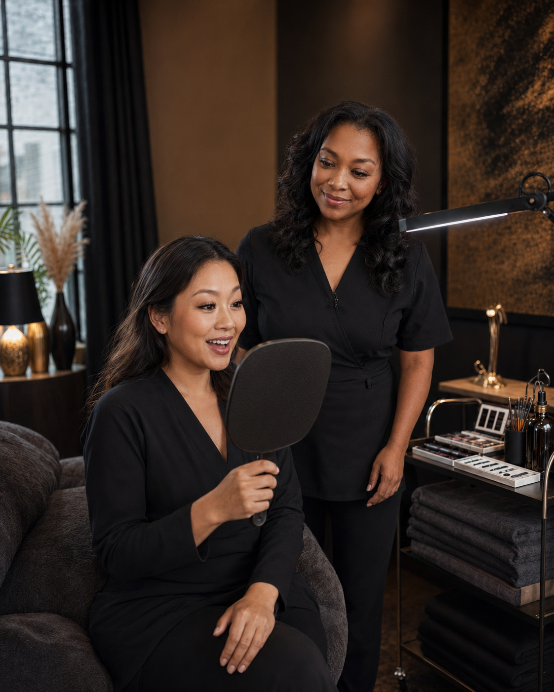 A woman sitting on a couch holding a handheld mirror, getting her makeup done by a makeup artist in a cozy room with modern decor and a large window.