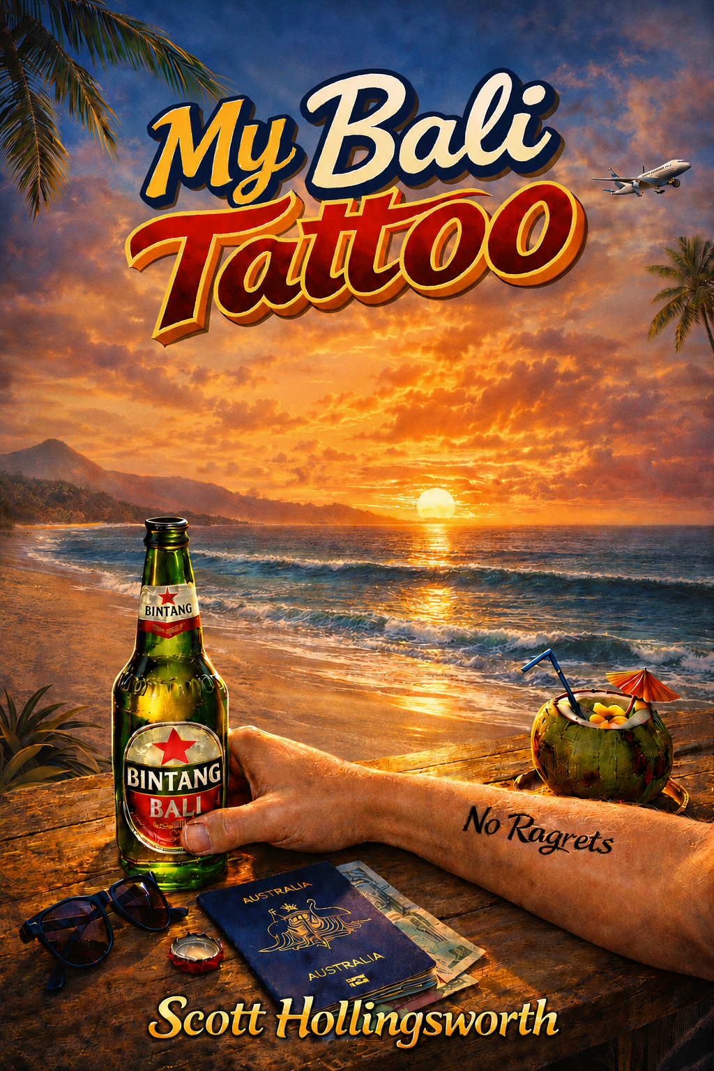 A sunset at a beach with palm trees, ocean waves, and mountains in the background. In the foreground, a hand holding a bottle of Bintang Bali beer, sunglasses, an Australian passport, a wristwatch, and tropical drinks, with the book titled 'My Bali Tattoo' by Scott Hollingsworth over the scene.