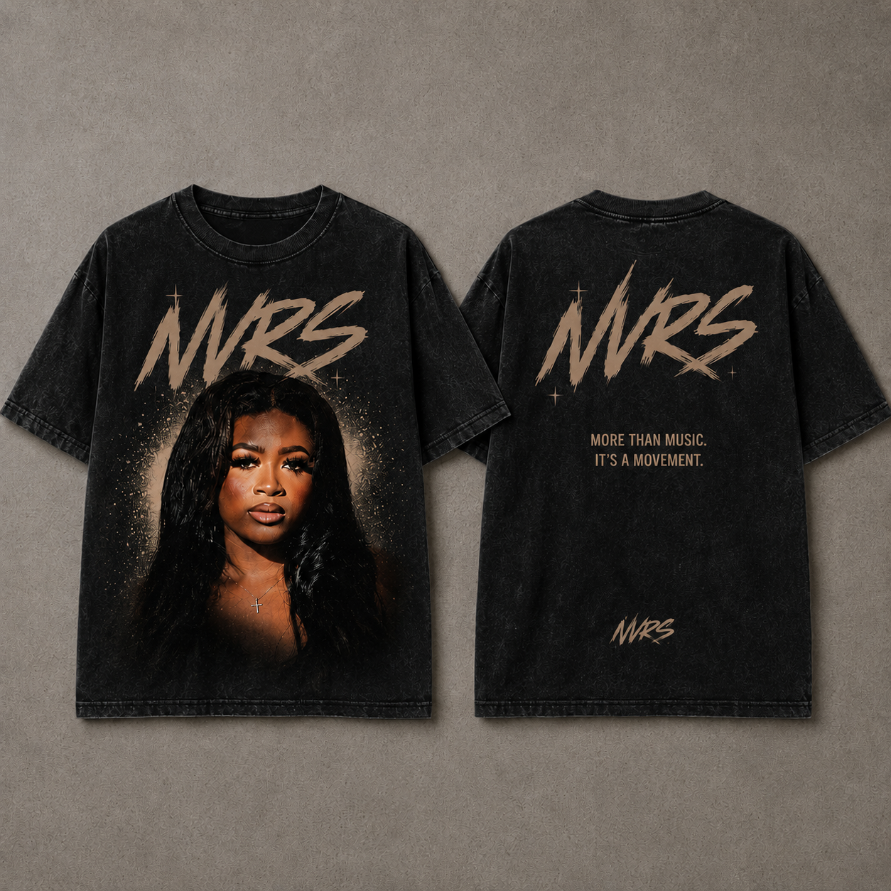 Black T-shirts with NVRS logo, featuring a portrait of the artist NVRS, and the slogan "More than music. It's a movement." on the back.
