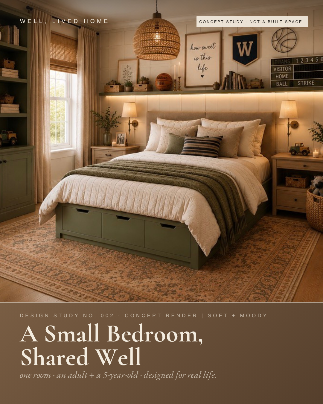 Small shared bedroom concept designed by Well, Lived Home, showcasing thoughtful interior design for families and multifunctional spaces.