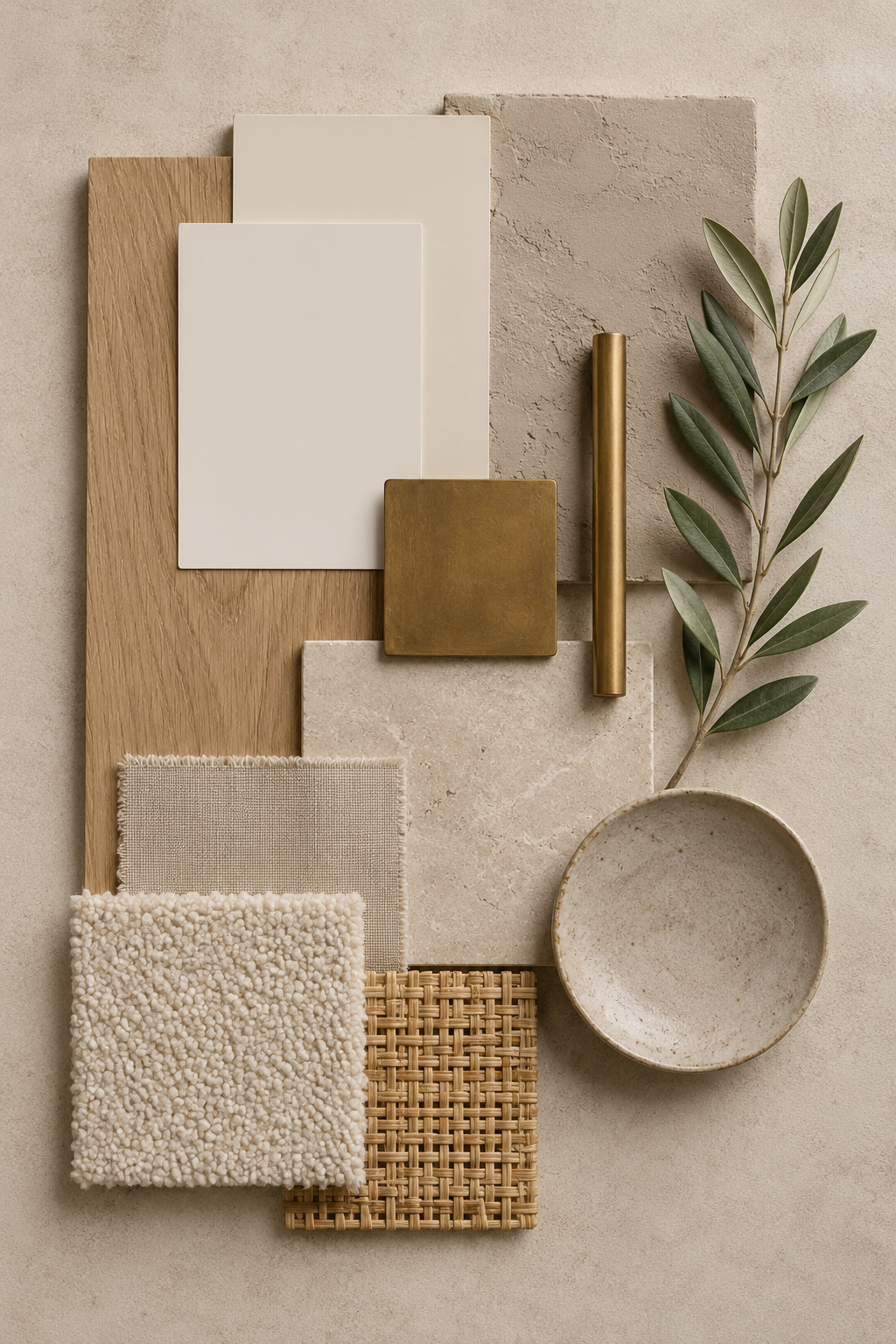 Arrangement of neutral-colored home decor materials including wooden, stone, fabric, and metal textures, with a green plant.