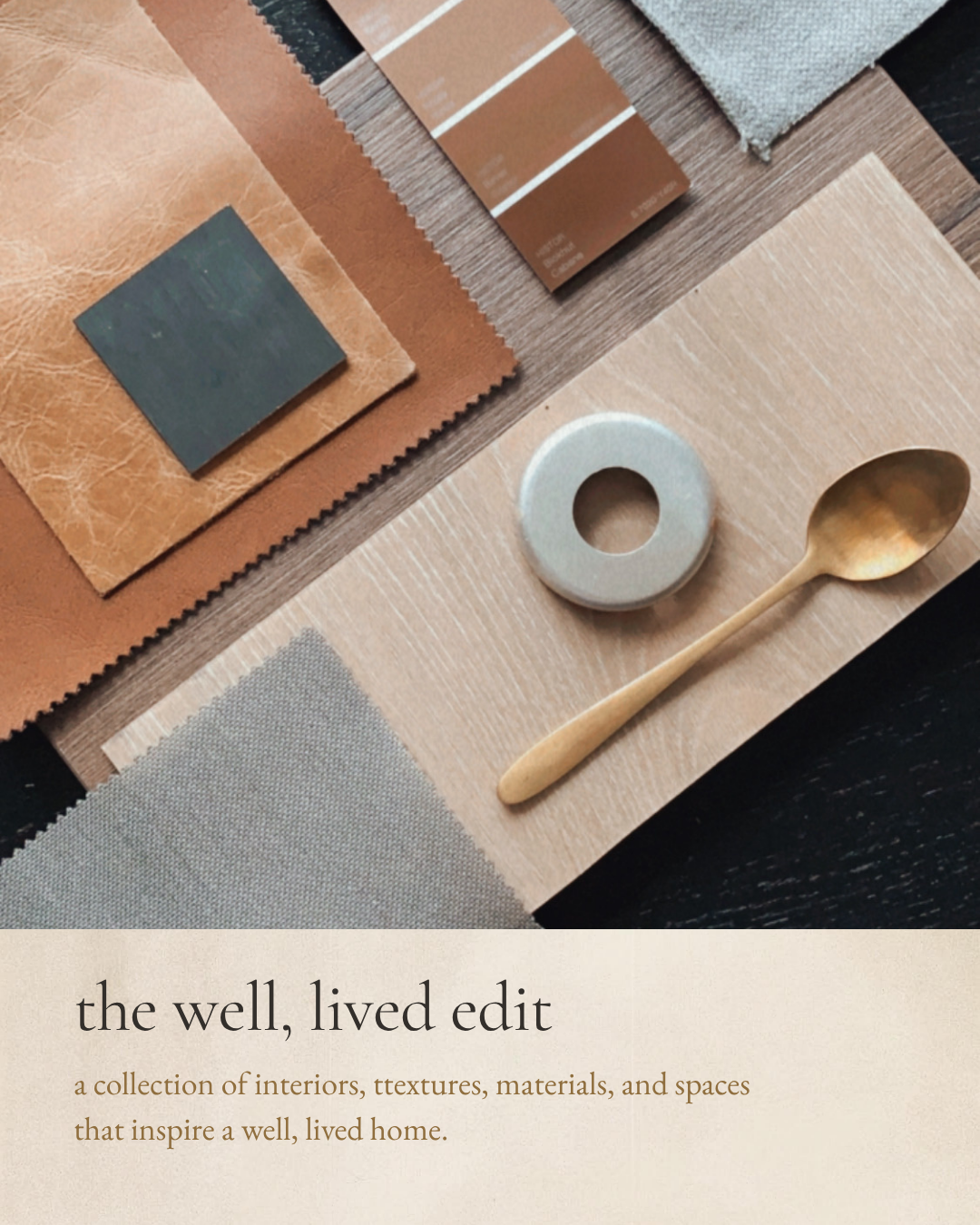 A flat lay of interior design materials, including fabric swatches, color samples, a ceramic ring, and a gold spoon, with beige and brown tones.