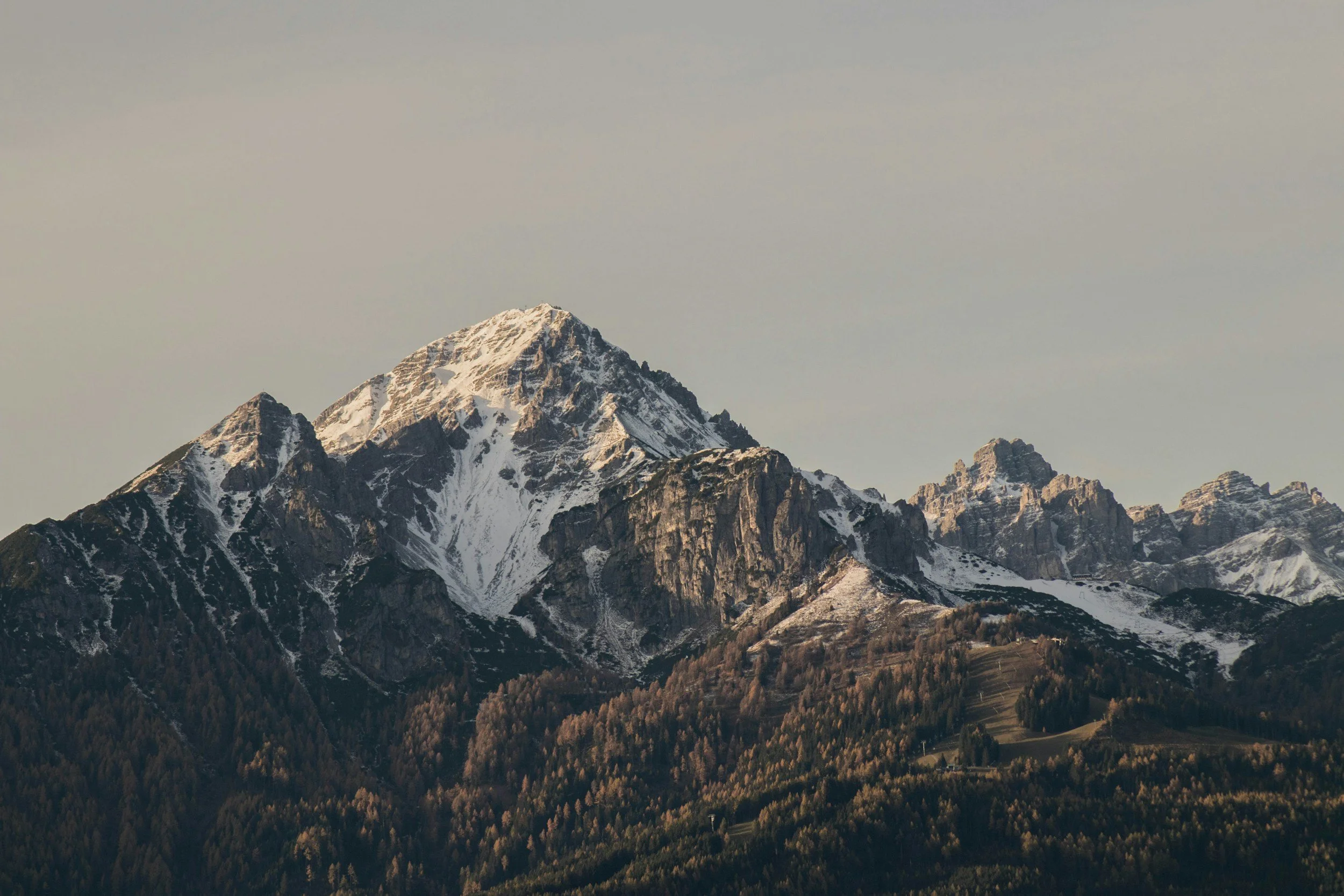 Snow-capped mountain peaks with a forested hillside at the base under a clear sky.