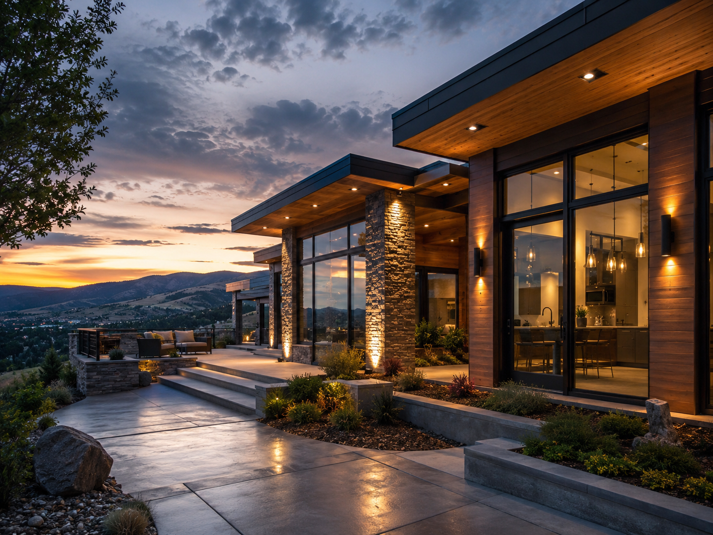 Modern house with large glass windows and wooden accents at sunset, mountainous landscape in the background, outdoor patio with seating and landscaped garden.
