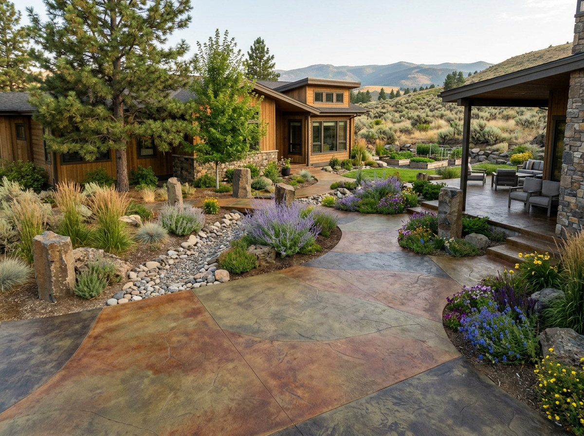 A landscaped backyard with stone and wood houses, a winding concrete patio, trees, and shrubs in a mountainous setting.