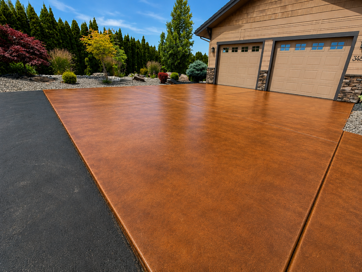 A house with a wooden garage door, a concrete driveway, and a backyard garden with various plants and trees.