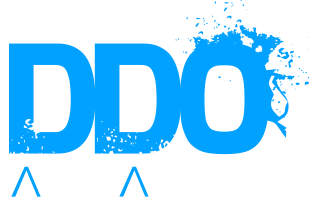 Logo of DDO Artists Agency with blue splatter design and black text
