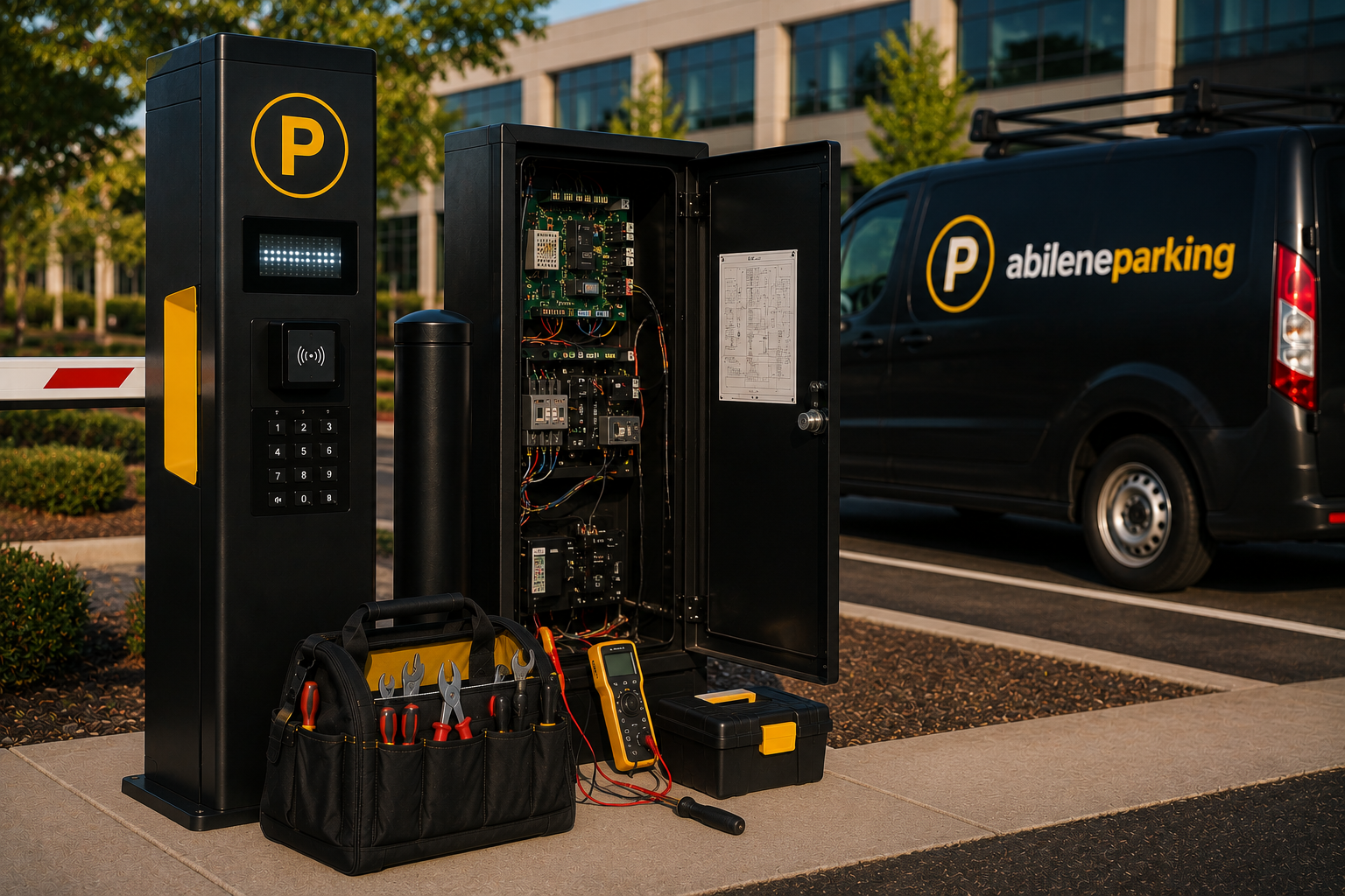 A parking meter and electrical technician tools, including a multimeter, in front of an open parking payment kiosk with a vehicle and a parking lot in the background.