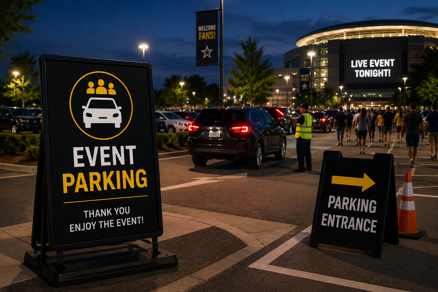 Parking lot outside an arena at night with signs for event parking and entrance, a security guard directing cars, and people walking towards the venue with a large illuminated screen displaying 'Live Event Tonight!'.