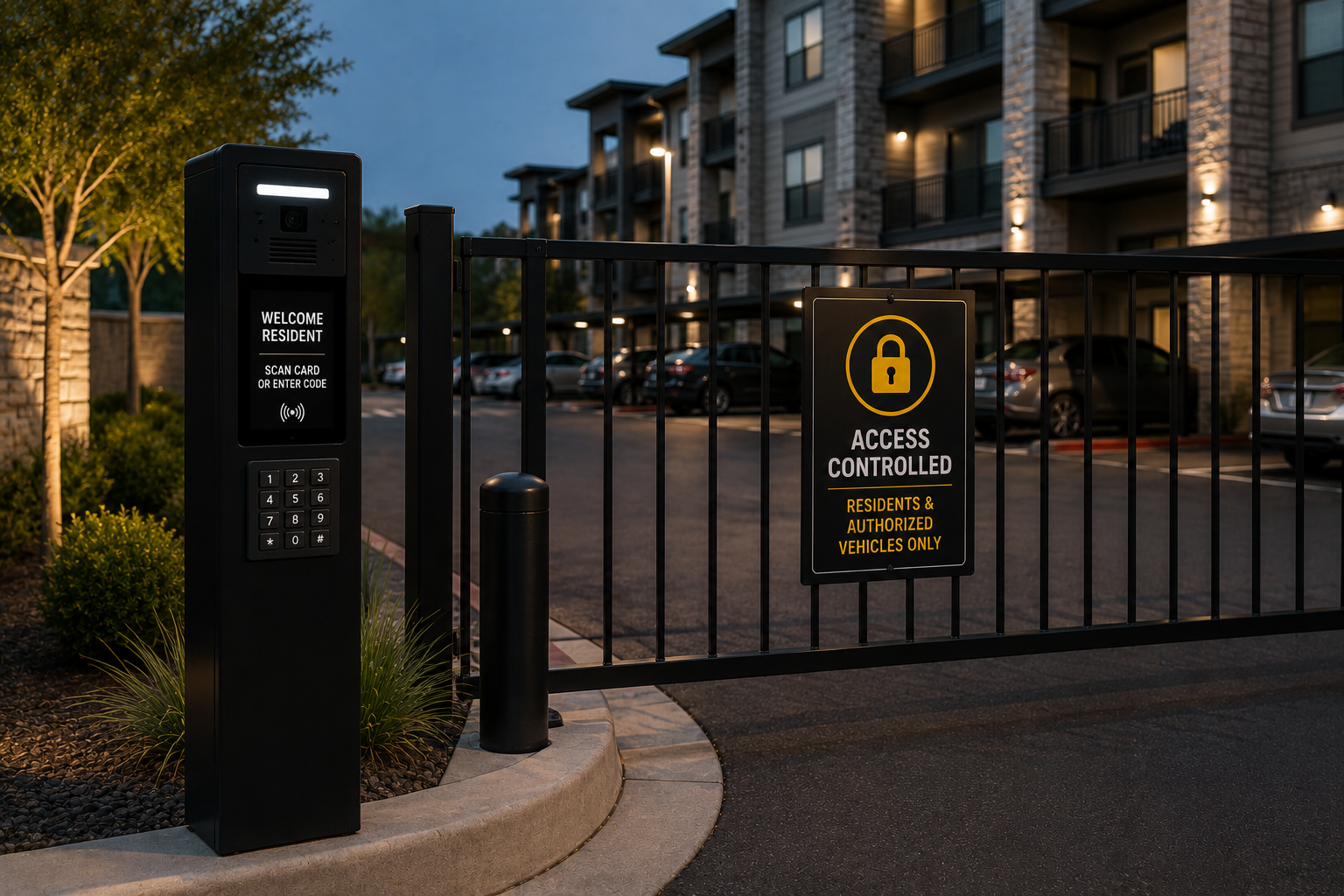 Gated residential complex with a keycard access system at the entrance. The gate has a sign indicating access is restricted to residents and authorized vehicles only.