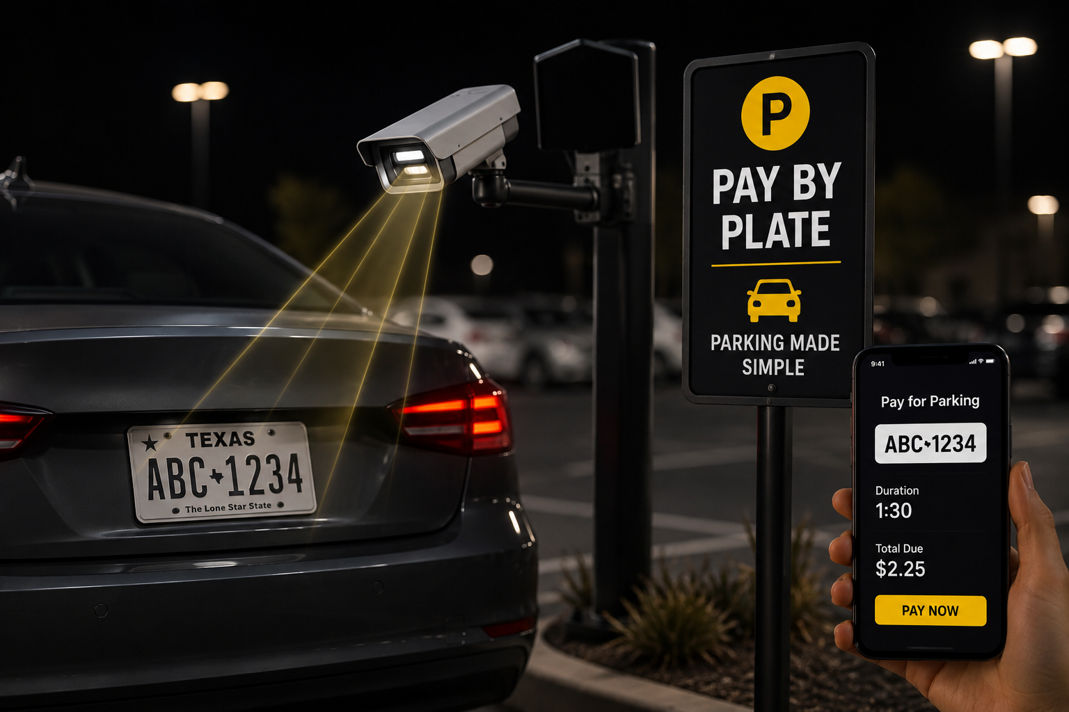 A parking lot at night with a surveillance camera scanning a gray car with Texas license plate, a sign that says pay by plate, and a person holding a smartphone with a parking app showing payment details.
