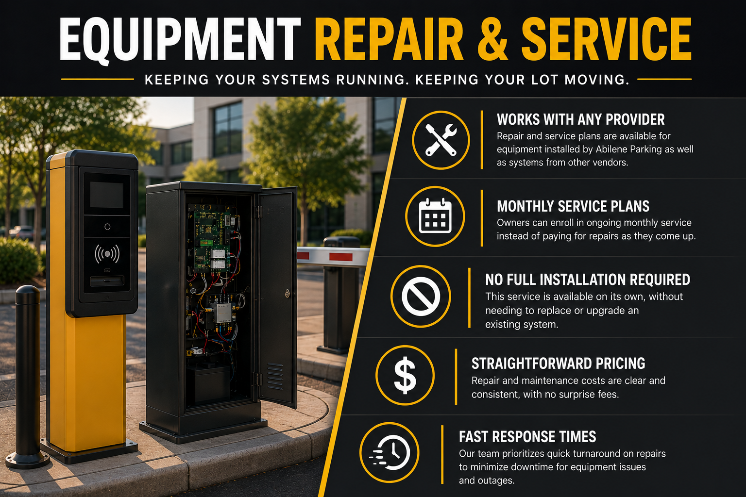 Signboard advertising equipment repair and service, with text emphasizing features like compatibility, monthly plans, quick installation, transparent pricing, and fast response times. Background includes an open electrical equipment cabinet and an outdoor parking lot with trees.