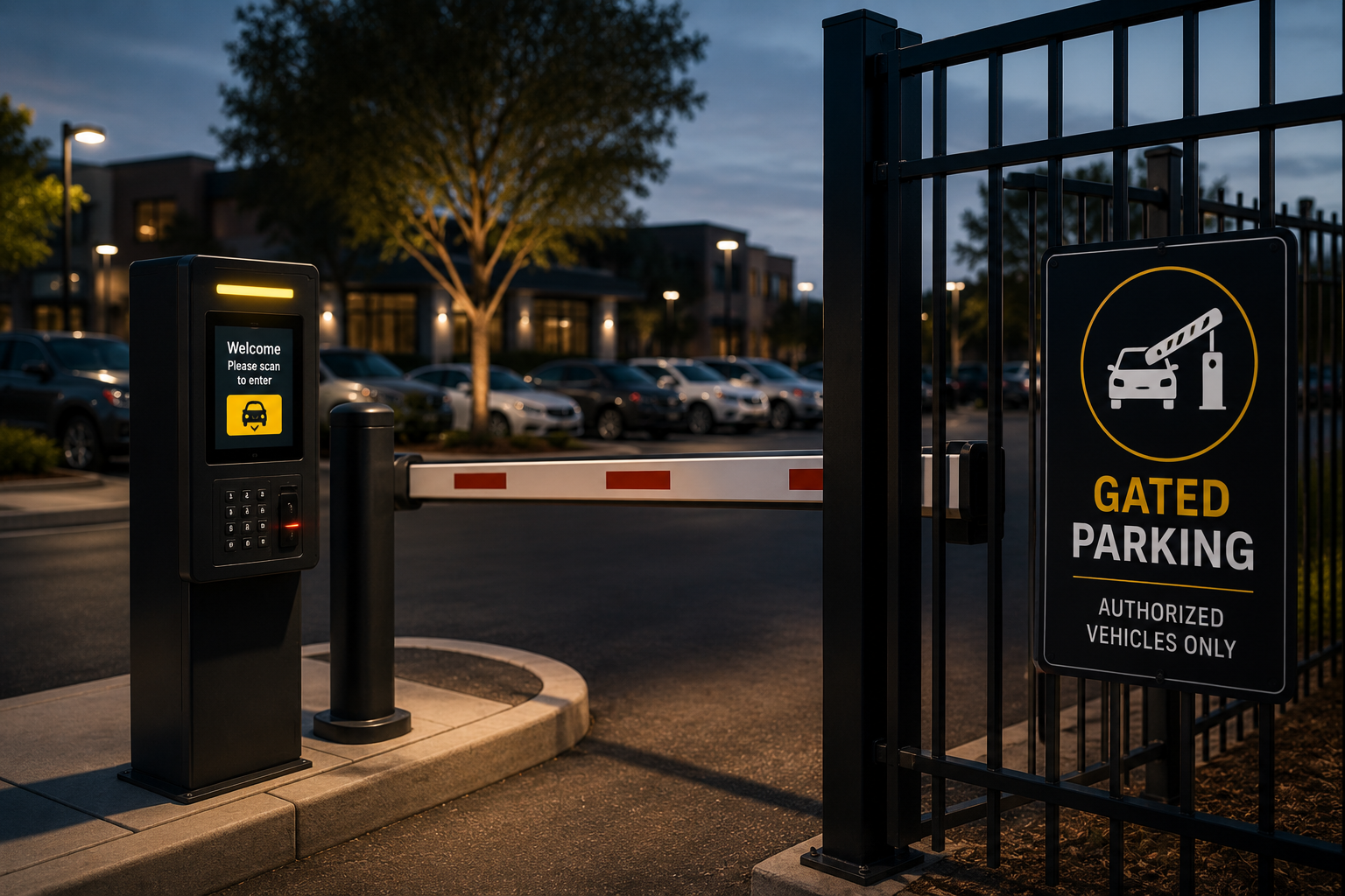 Gated parking lot entrance with a security kiosk, barrier gate, and a sign indicating authorized vehicles only.