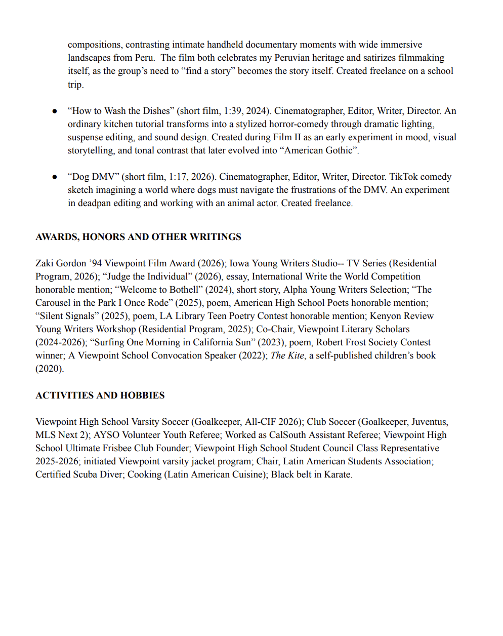 A text document listing film projects with descriptions and awards, followed by activities and hobbies, including soccer, volunteering, writing, and martial arts.