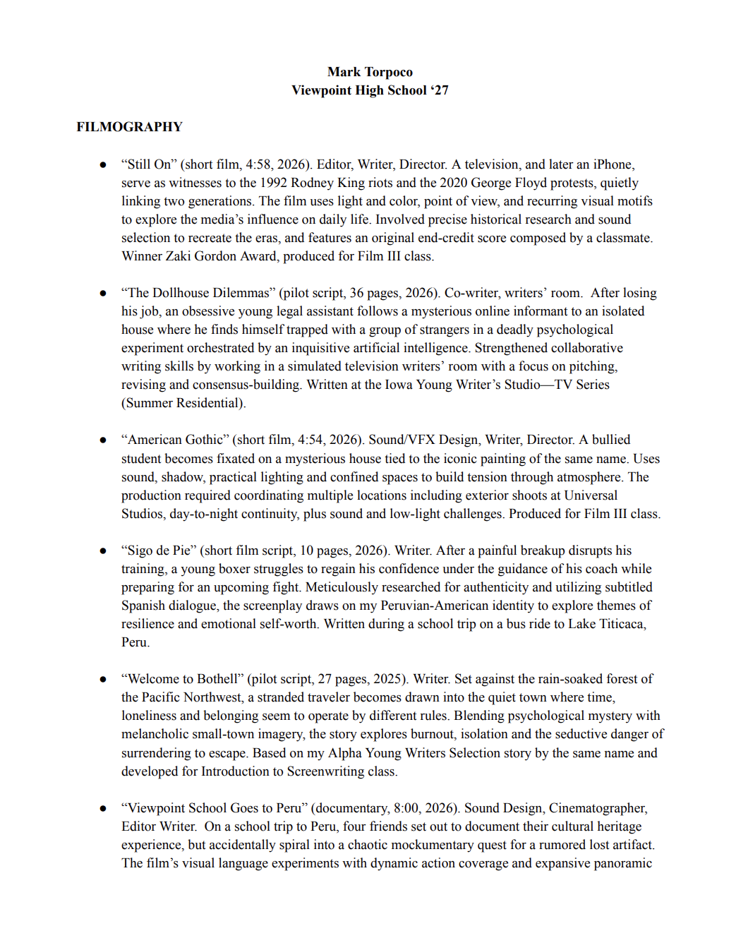 A document detailing a filmography for Mark Torpoco, a student at Viewpoint High School '27. The list includes titles and descriptions of short films, pilot scripts, and documentaries created in 2026 and 2025, with brief summaries of each project’s theme, production, and purpose.