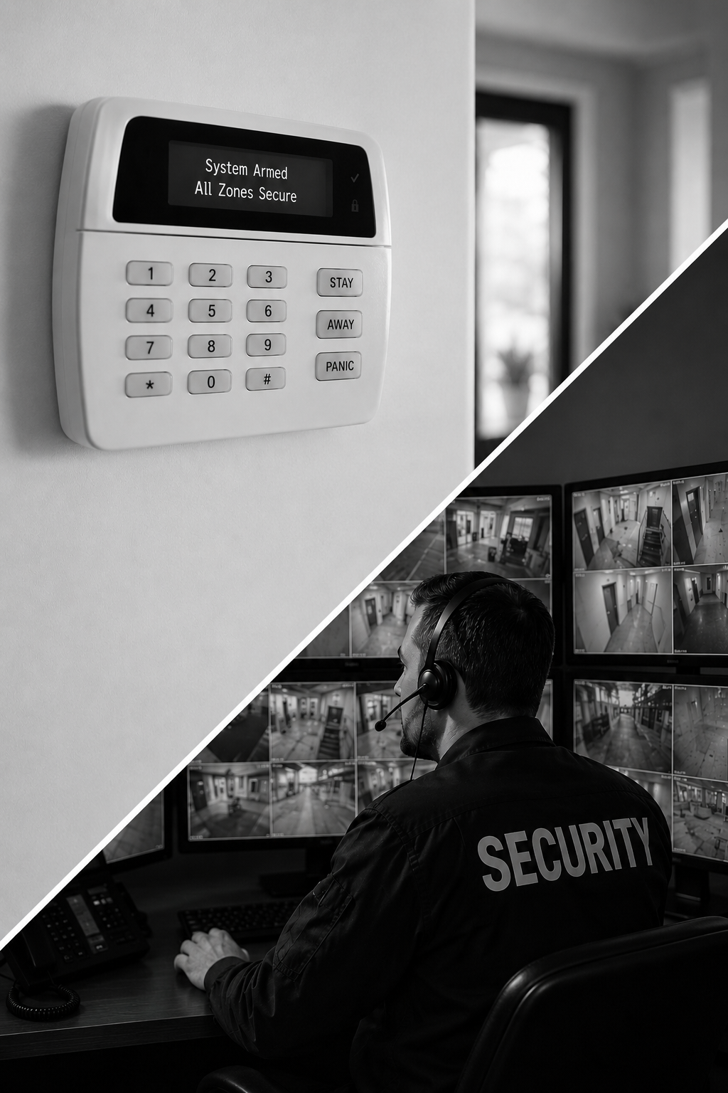 Split image showing a security alarm keypad on the wall with a message reading 'System Armed All Zones Secure' on the left, and a security guard with a headset monitoring multiple surveillance screens in a security control room on the right.