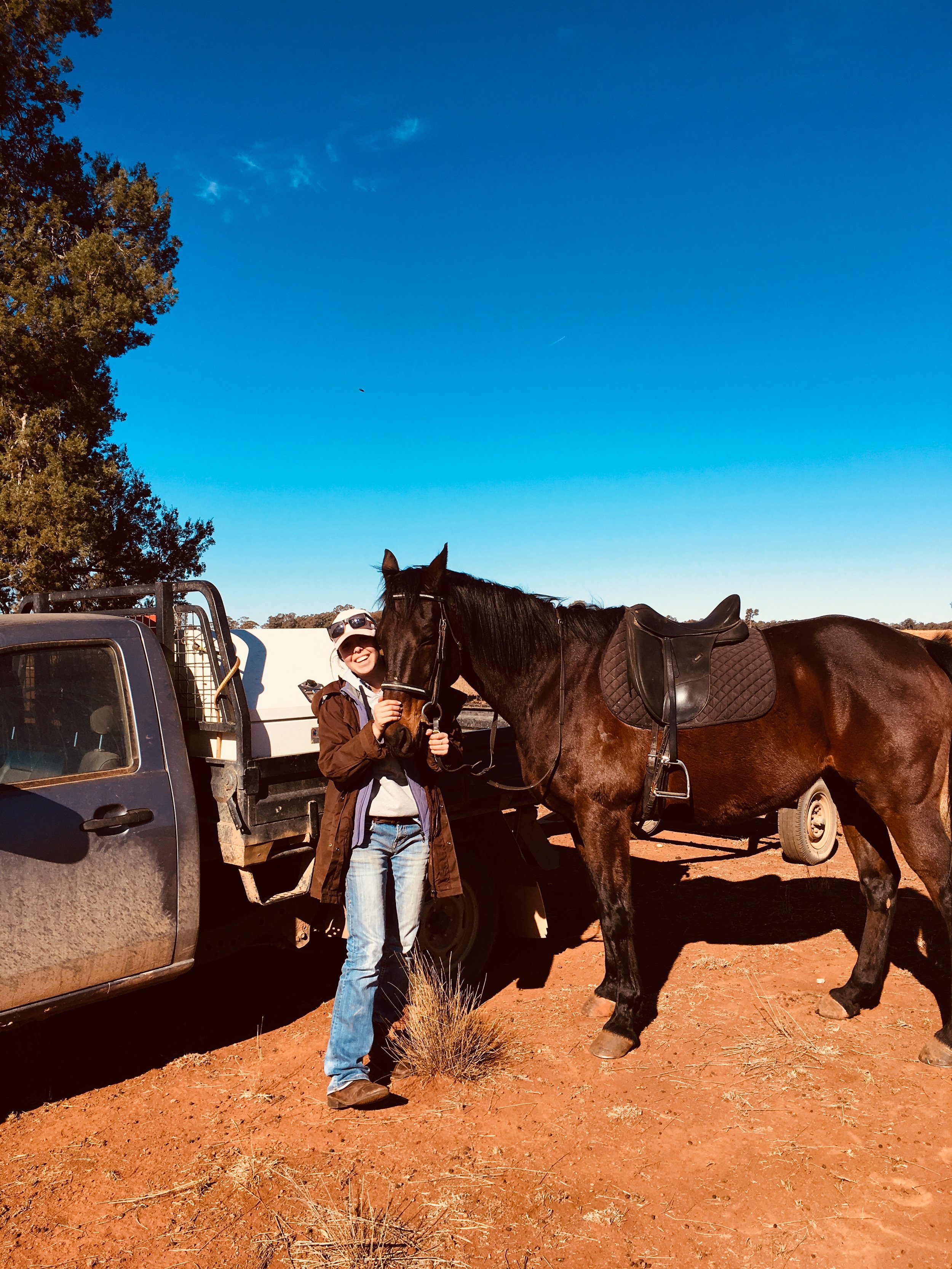 A woman standing next to a brown horse on a dirt ground under a blue sky, with a vehicle and trees in the background.
