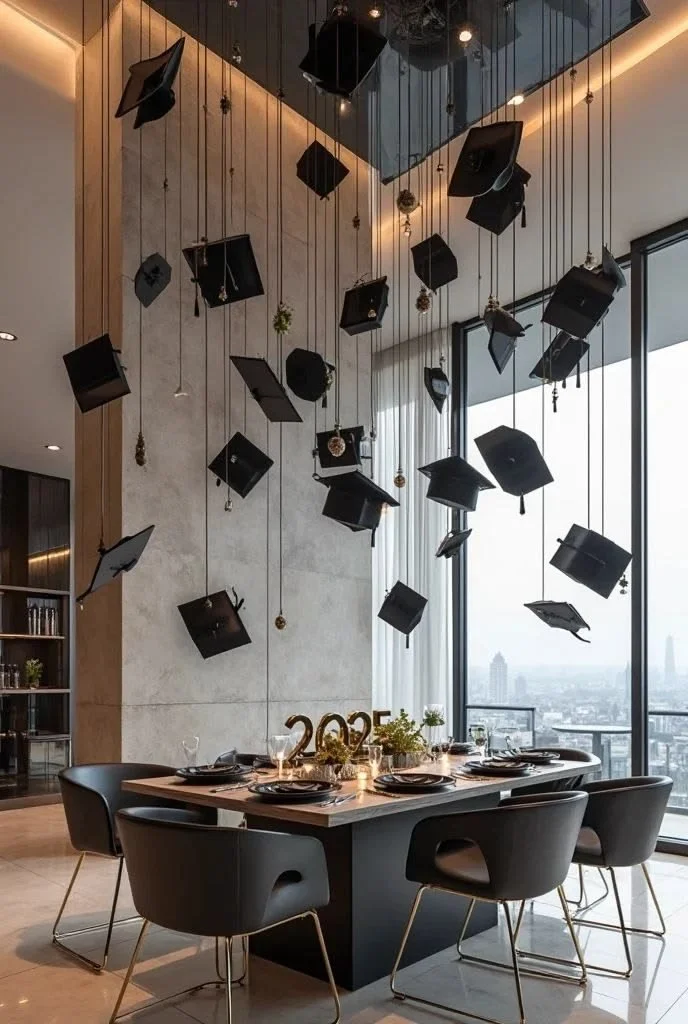 Modern dining table set for a celebration with a graduation centerpiece, surrounded by six black chairs, in a high-rise restaurant with hanging graduation cap decorations and a city view through large windows.