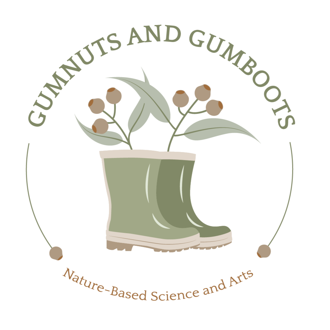 Logo of Gumnuts and Gumboots, featuring a pair of green boots with gum leaves and gum nuts inside, surrounded by the text "Gumnuts and Gumboots" and "Nature-Based Science and Arts".
