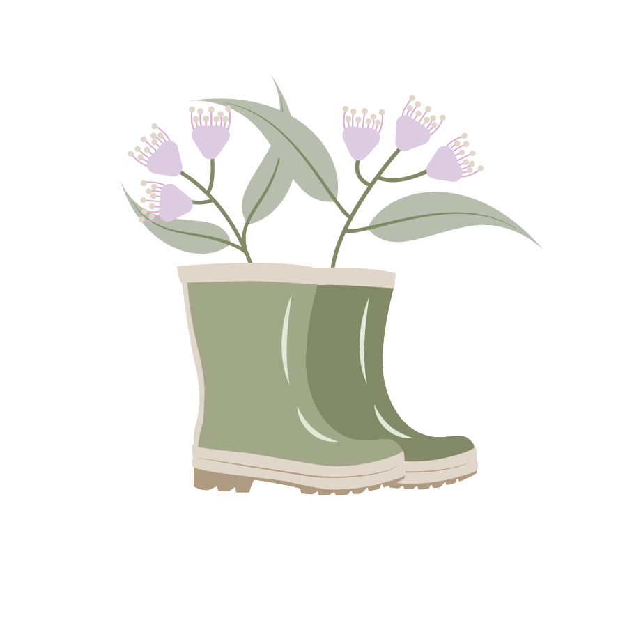 Illustration of a pair of green rain boots with lilac flowers and green leaves growing out of them, against a black background.