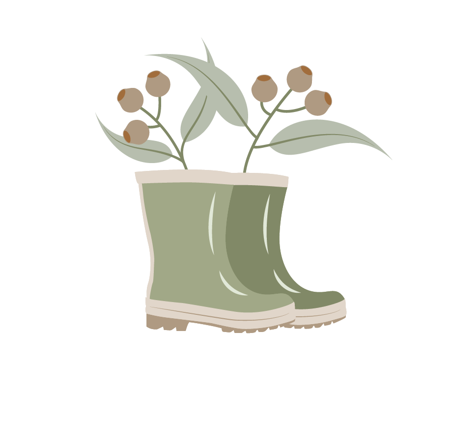Illustration of green rain boots with plants and berries growing inside.