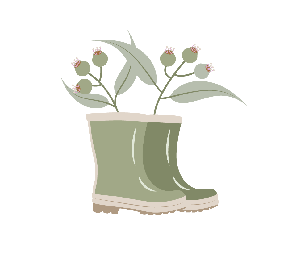 A pair of green rain boots with a plant growing out of them, featuring leaves and buds with small pink and white crowns.