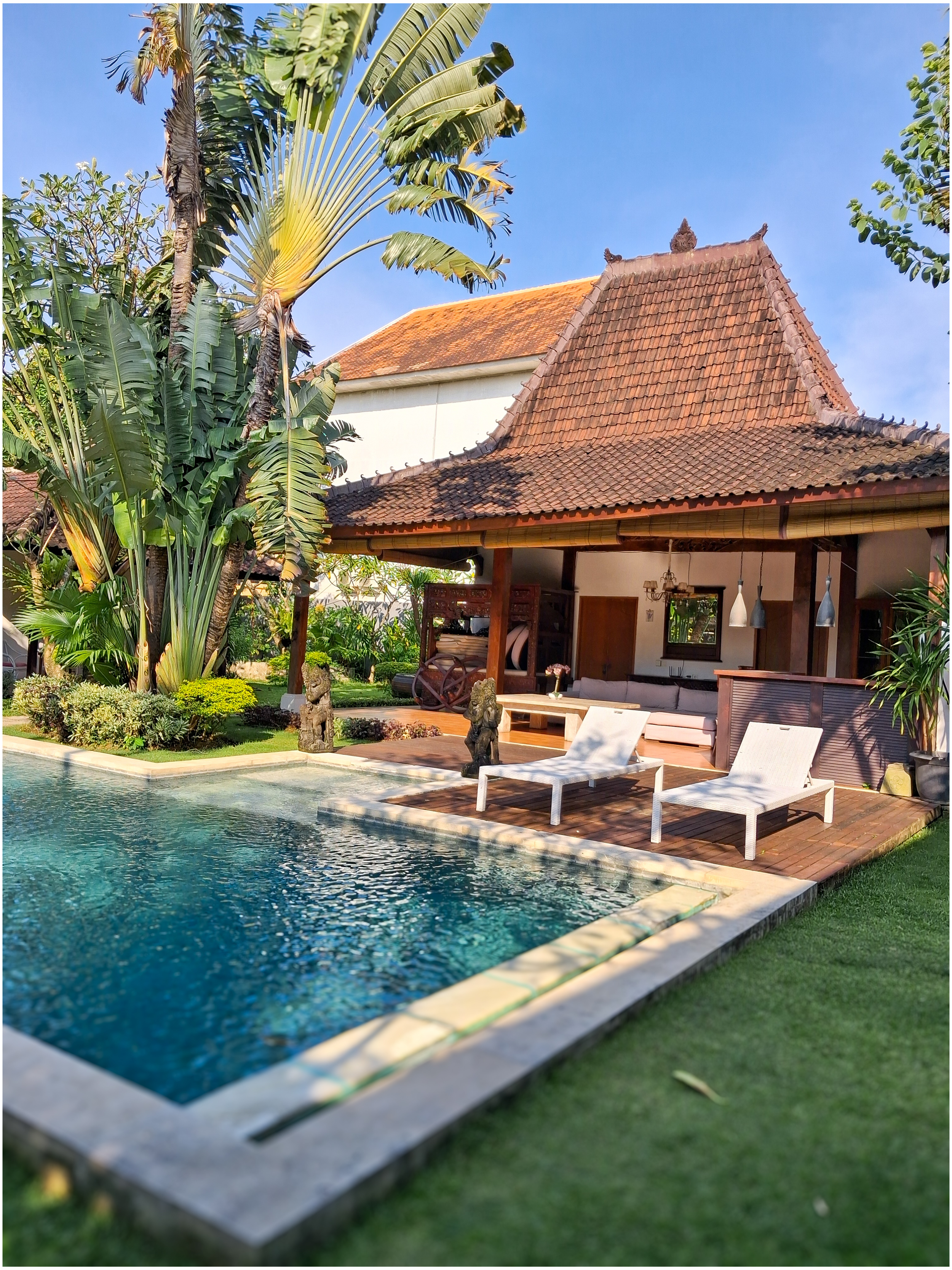 A backyard pool with clear blue water, surrounded by a concrete border and lush green grass. Two white lounge chairs are placed on a wooden deck by the pool. There is a traditional-style building with a steeply pitched roof covered in reddish-brown t