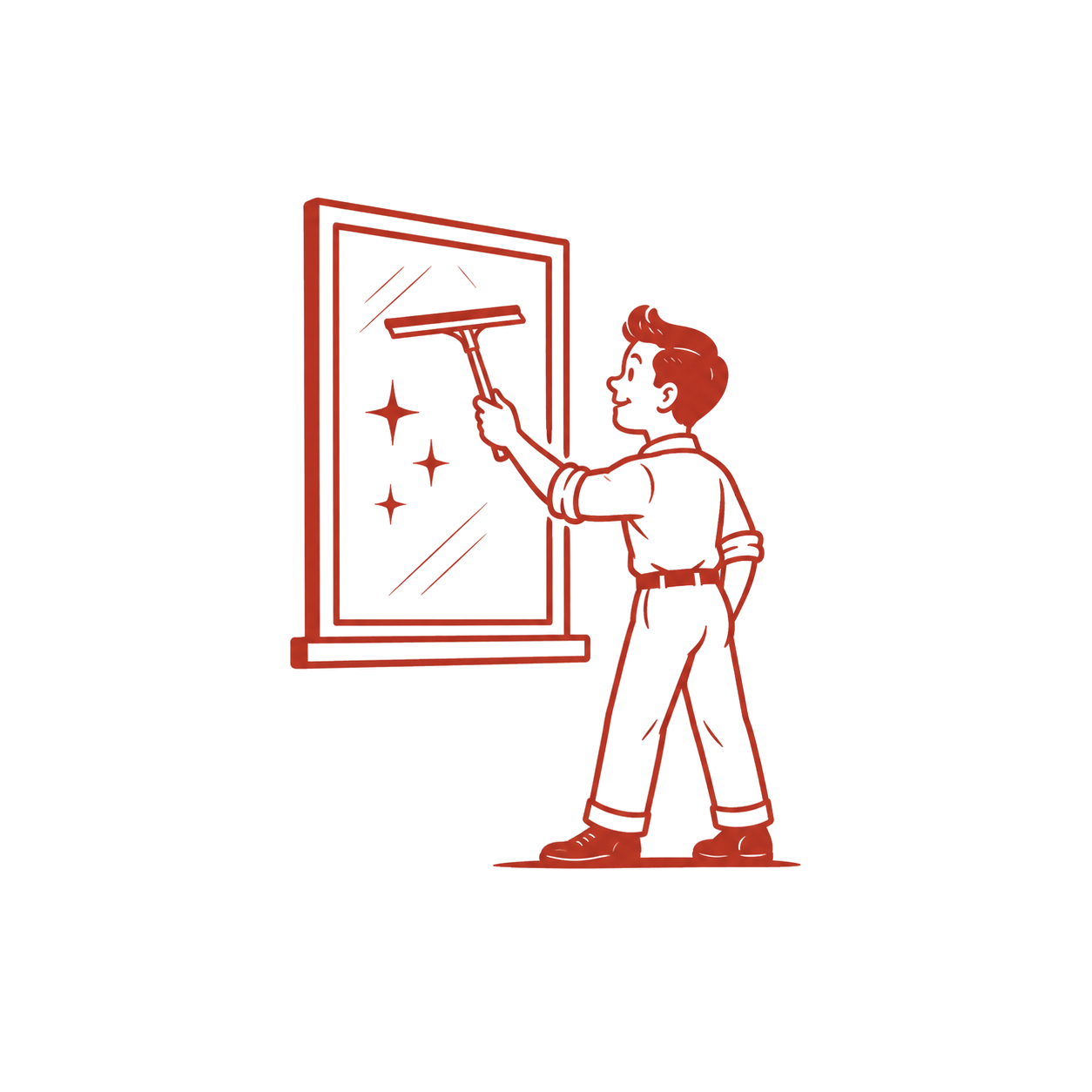 A vintage-style neon line drawing of a person cleaning a window with a squeegee, with reflections and sparkles indicating cleanliness.