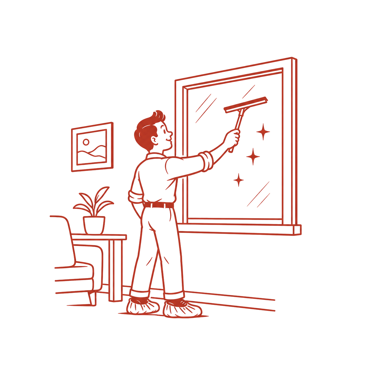 A vintage-style neon line drawing of a person cleaning a window with a squeegee, with reflections and sparkles indicating cleanliness.