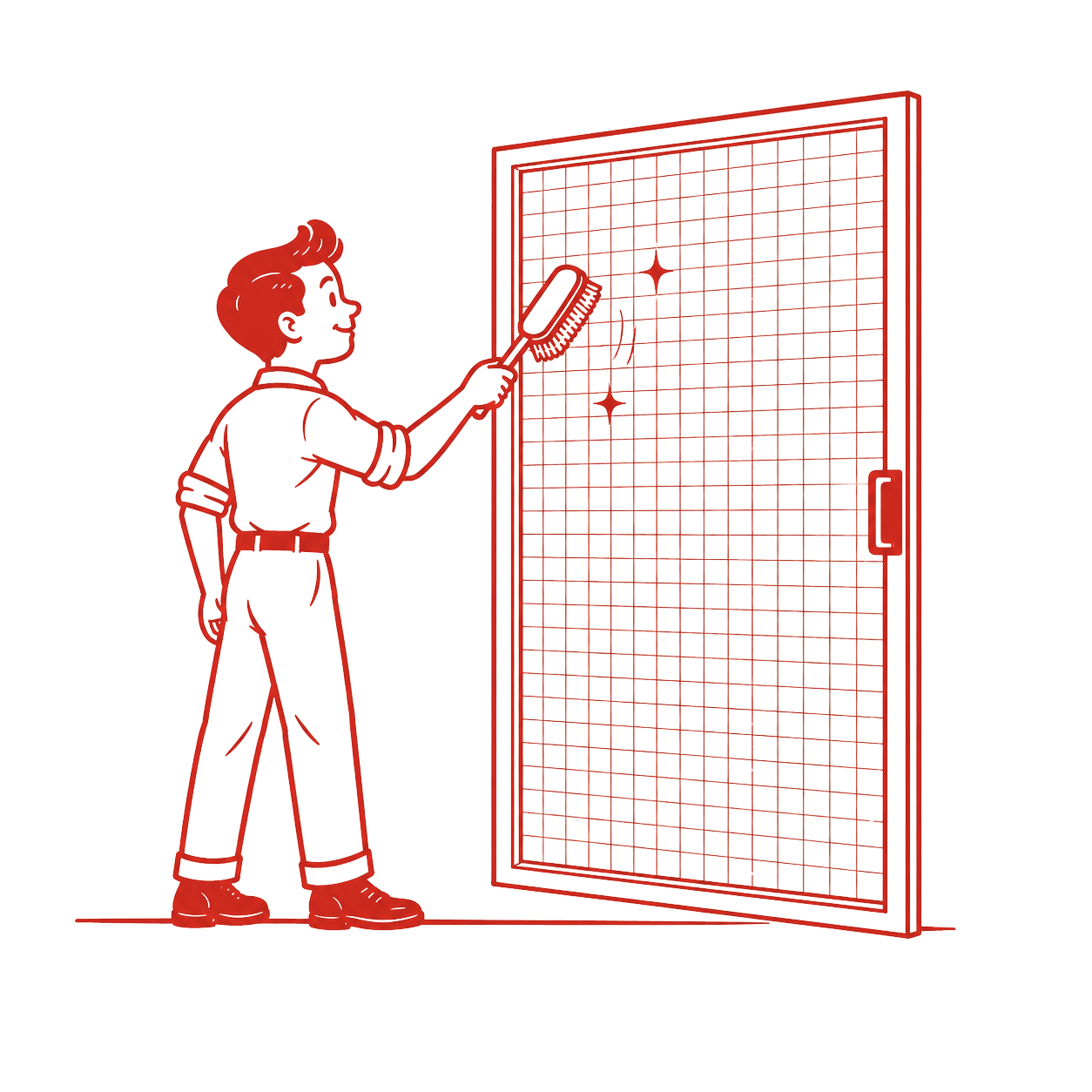 A line drawing of a person cleaning a screen with a scrub brush.