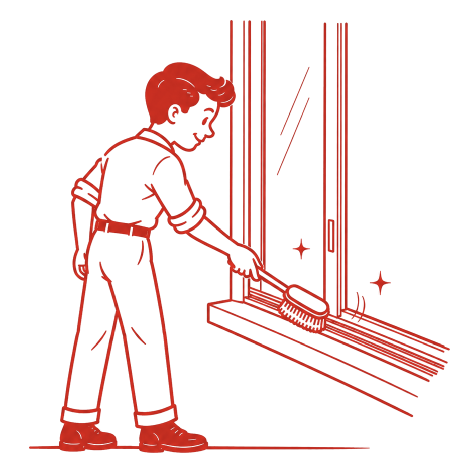 Red neon outline of a boy cleaning window trakcs with a brush.